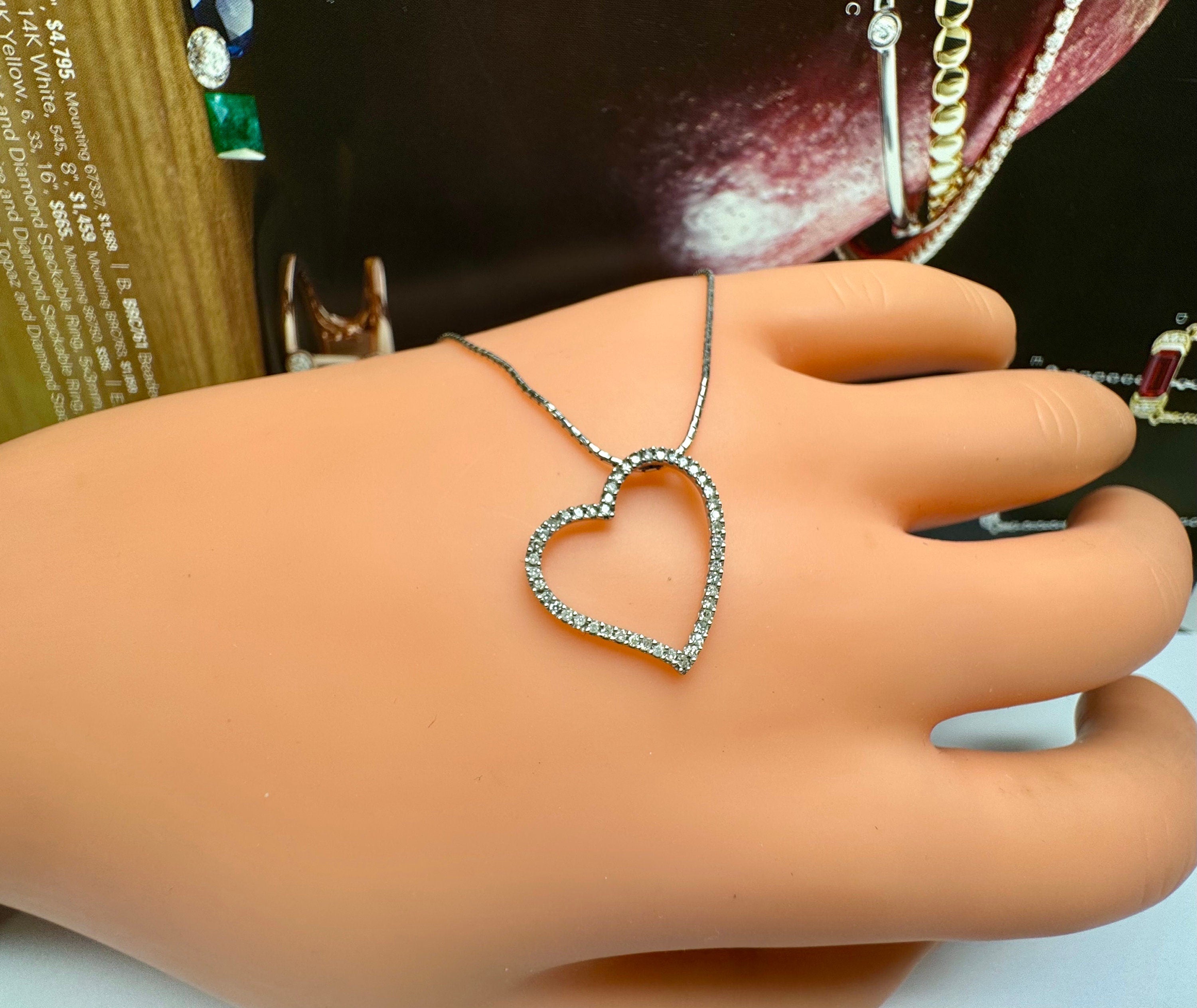 14K White Gold Diamond Open Heart Pendant Necklace - 18 Inch