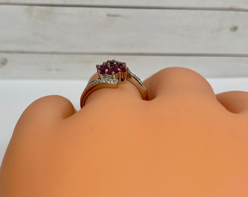 18K White Gold Burmese Ruby Diamond Floral Ring - Size 6 3/4