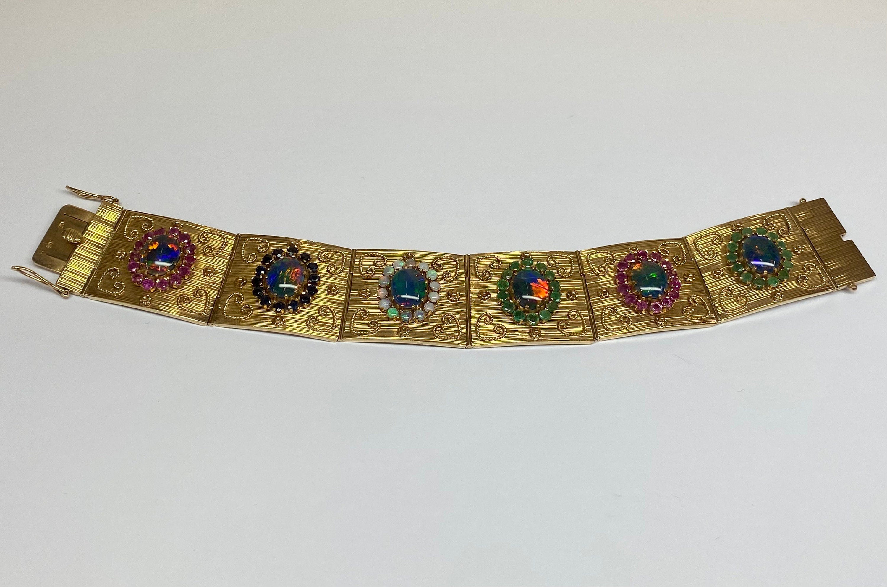 18K Gold Opal Ruby Emerald Sapphire Panel Bracelet - 1970s Estate Jewelry