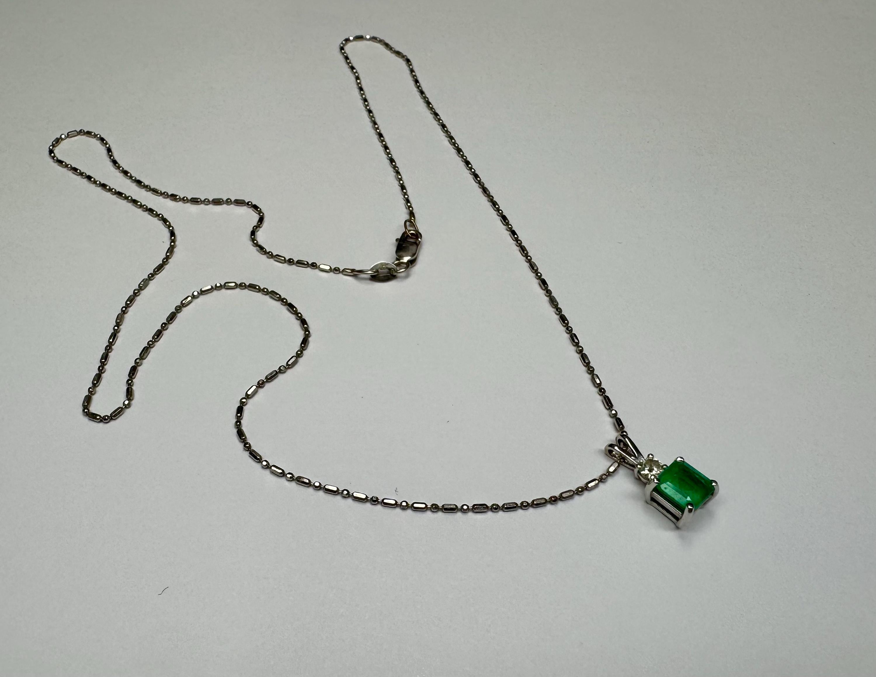 14K White Gold Emerald and Diamond Pendant Necklace