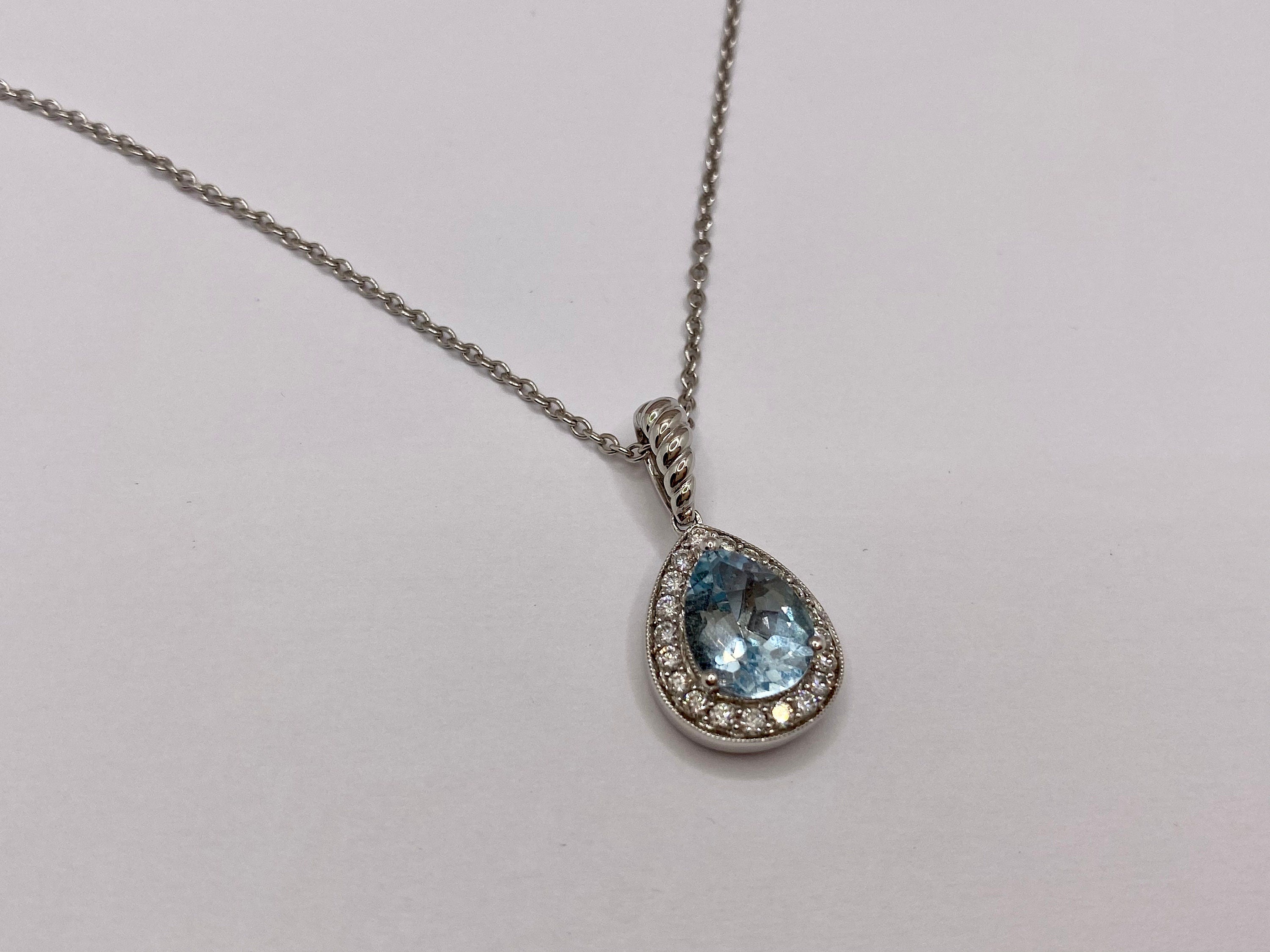 14K White Gold Necklace: Diamond & Pear Blue Topaz Pendant