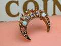 14K Gold Diamond Opal Crescent Moon Brooch – Victorian Celestial Pin