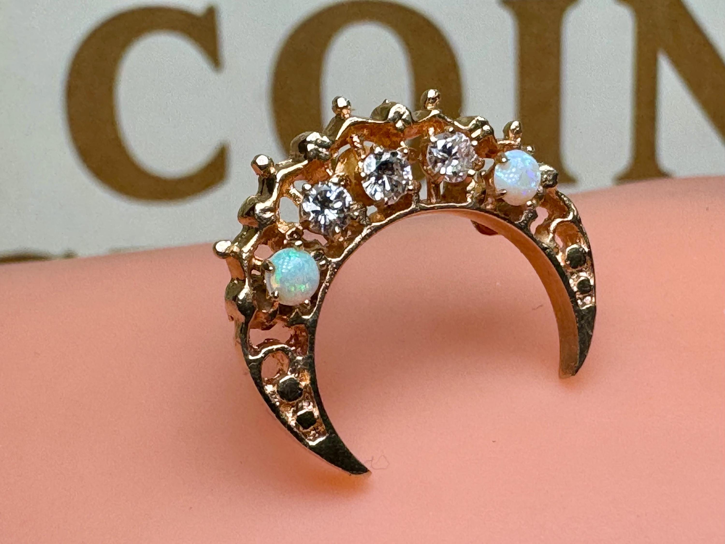14K Gold Diamond Opal Crescent Moon Brooch – Victorian Celestial Pin