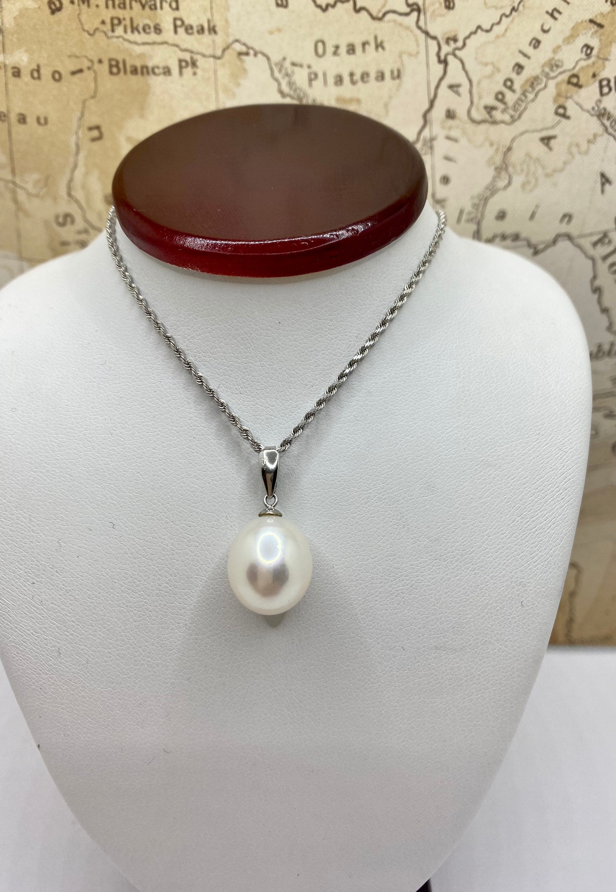 14K White Gold Rope Chain Necklace with White Pearl Pendant