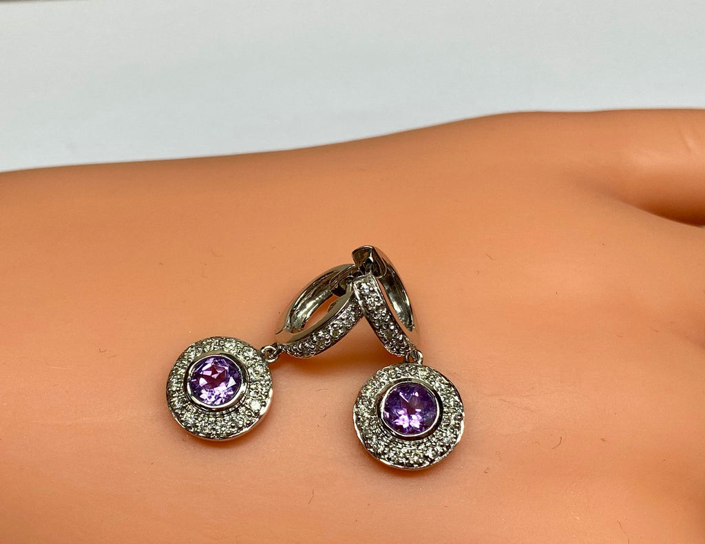18K White Gold Diamond Amethyst Drop Earrings
