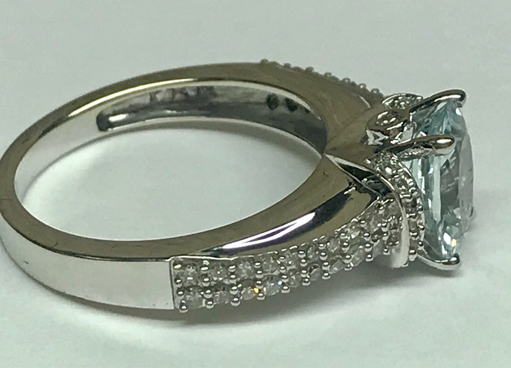 14K White Gold Aquamarine Ring with Diamond Accents, Size 7