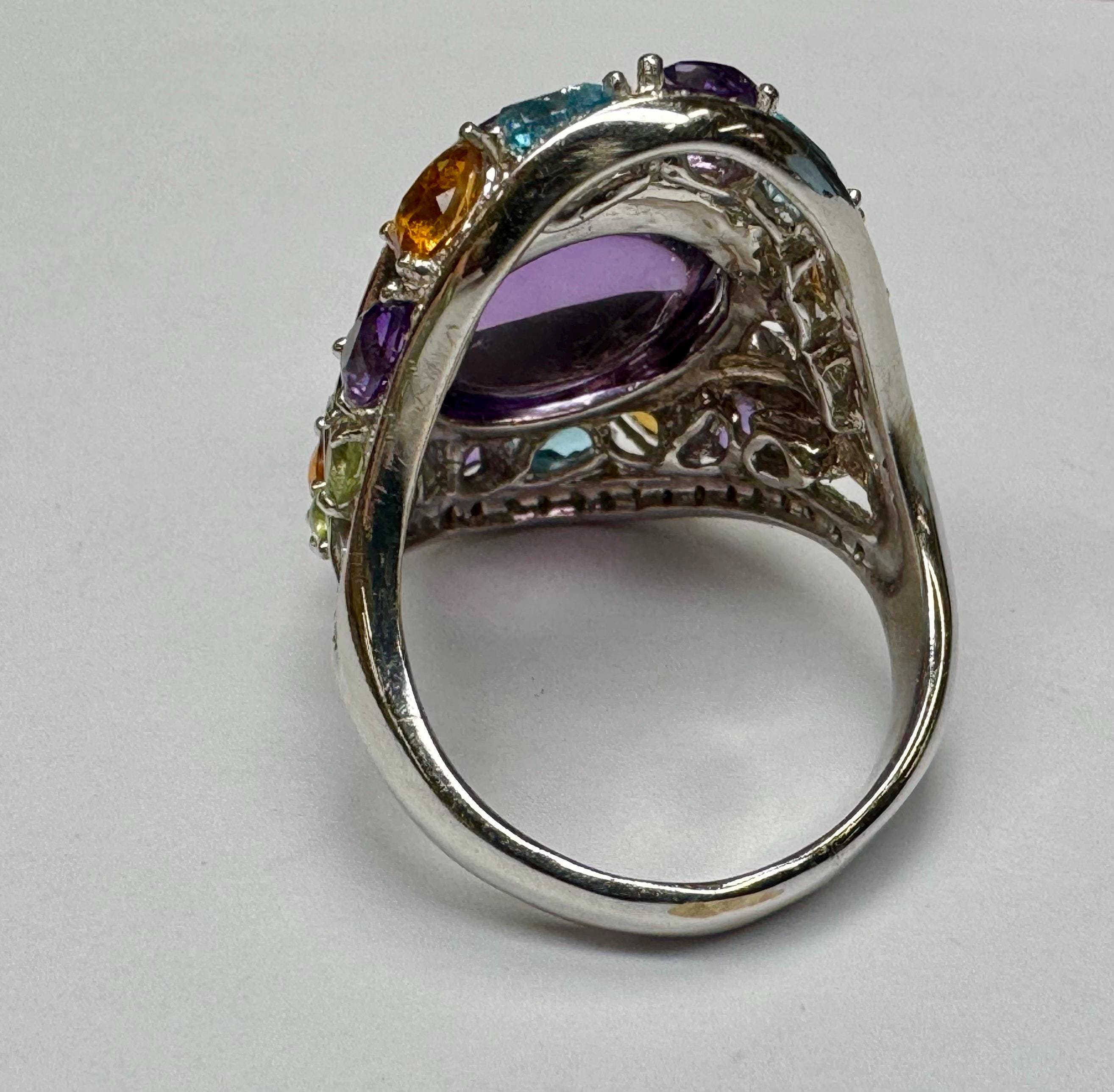 18K White Gold Multi-Gem Amethyst Diamond Cocktail Ring