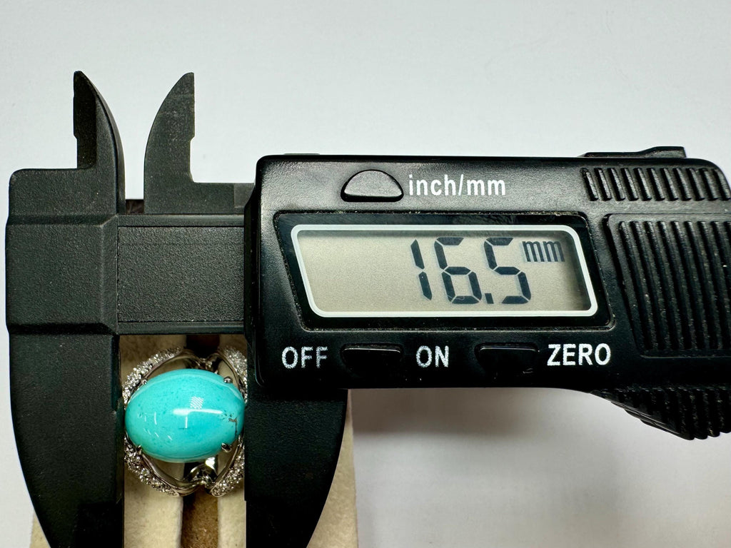 18K White Gold Diamond Ring: Oval Blue Turquoise Cabochon, Size 8 3/4
