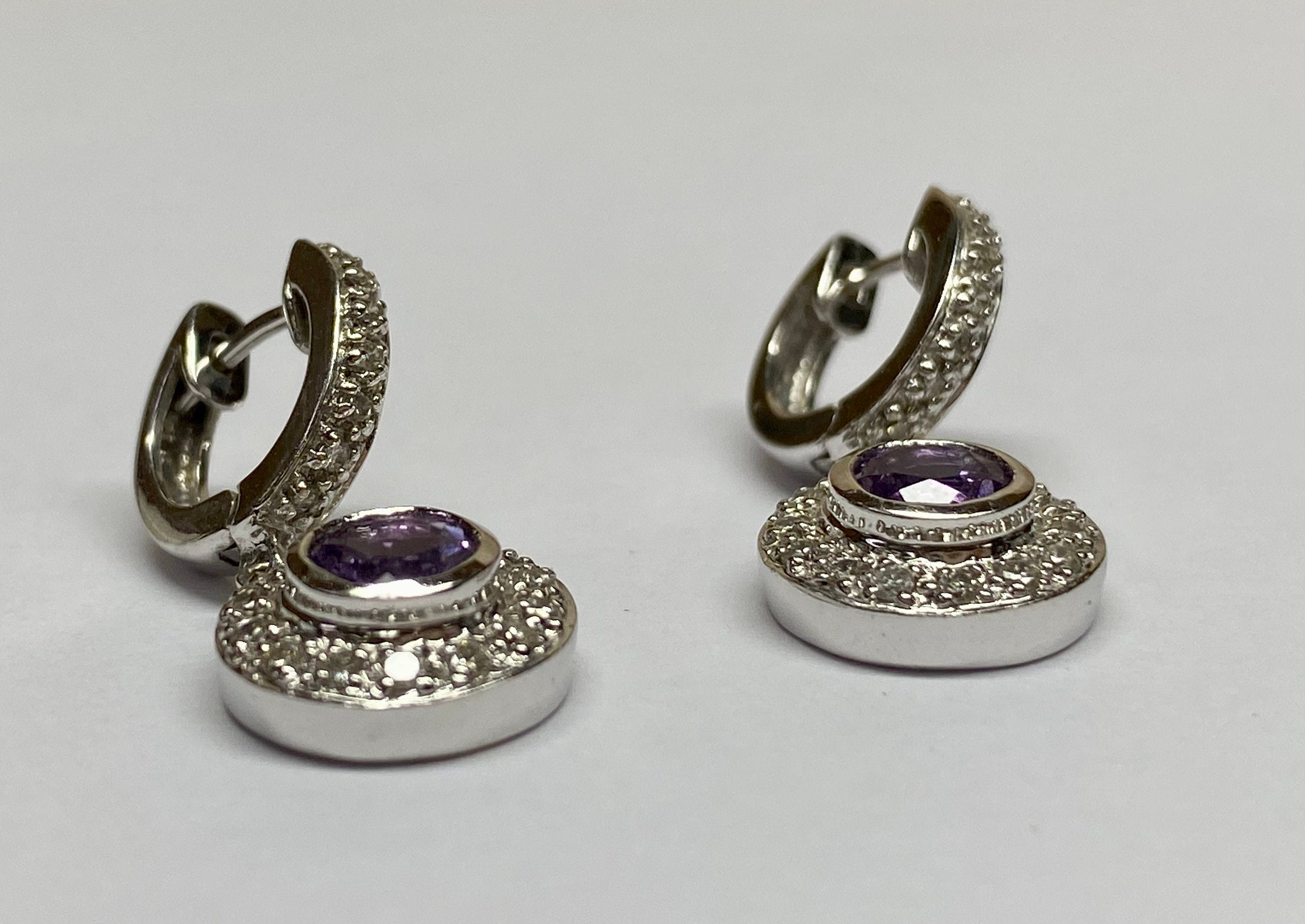 18K White Gold Diamond Amethyst Drop Earrings