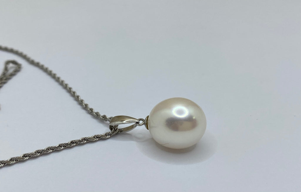 14K White Gold Rope Chain Necklace with White Pearl Pendant