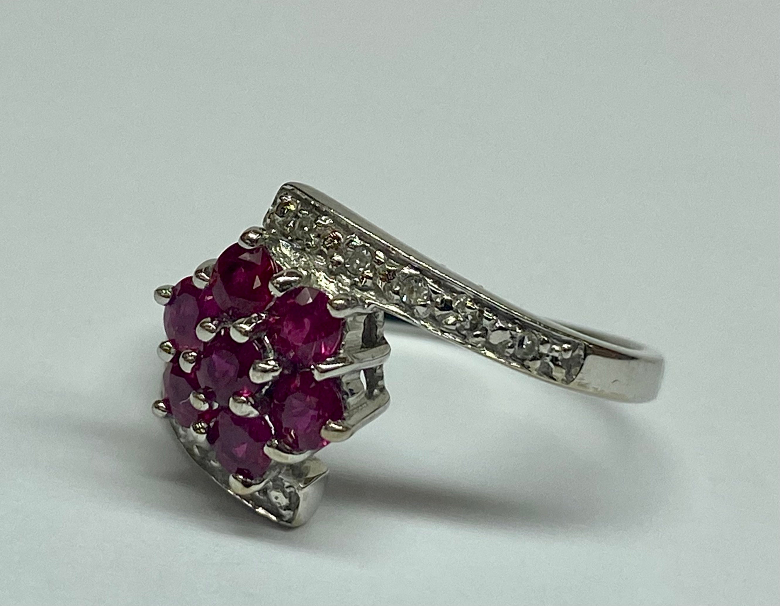 18K White Gold Burmese Ruby Diamond Floral Ring - Size 6 3/4