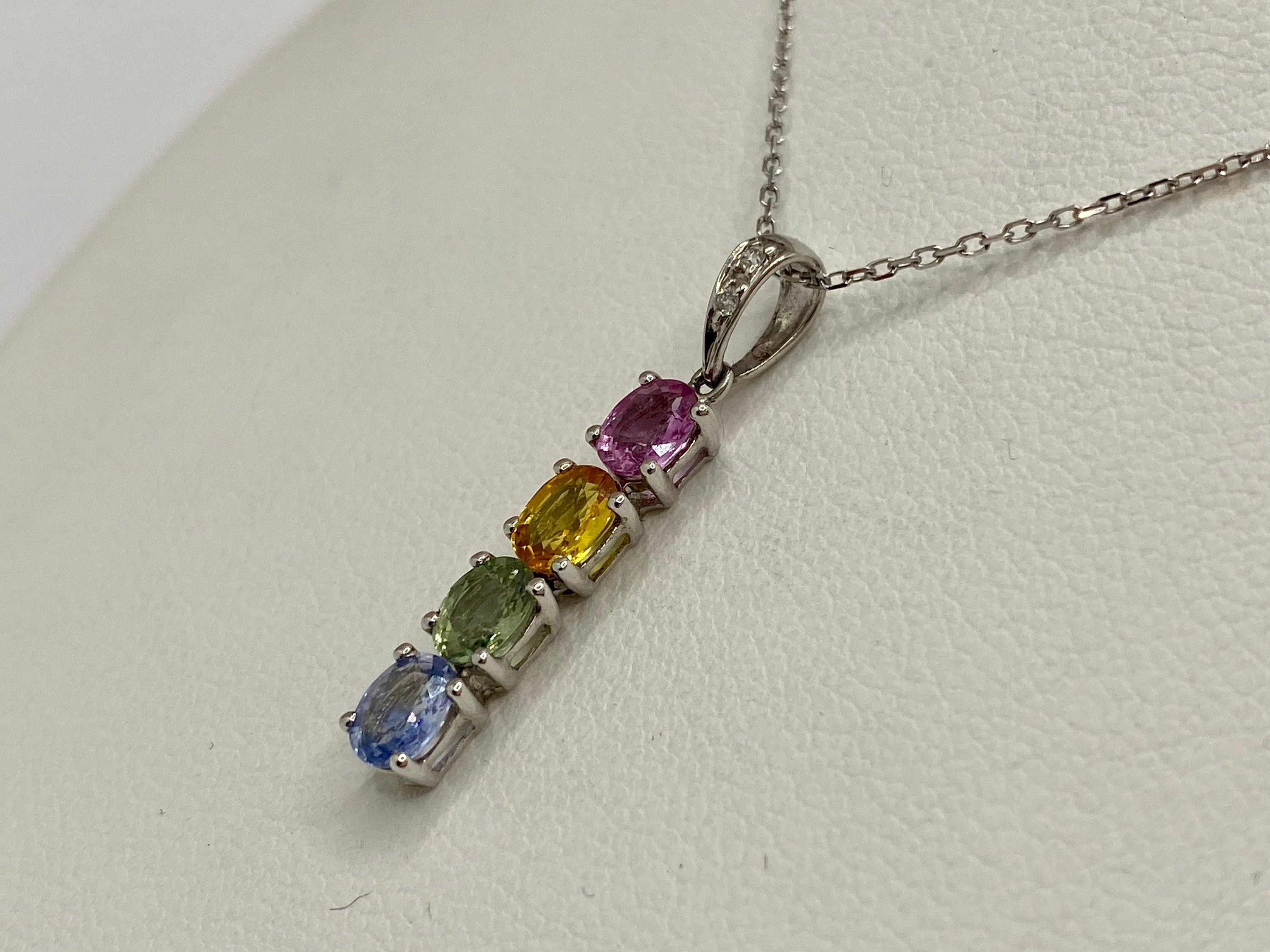 14K White Gold Necklace: Diamond & Multi-Color Gemstone Bar Pendant