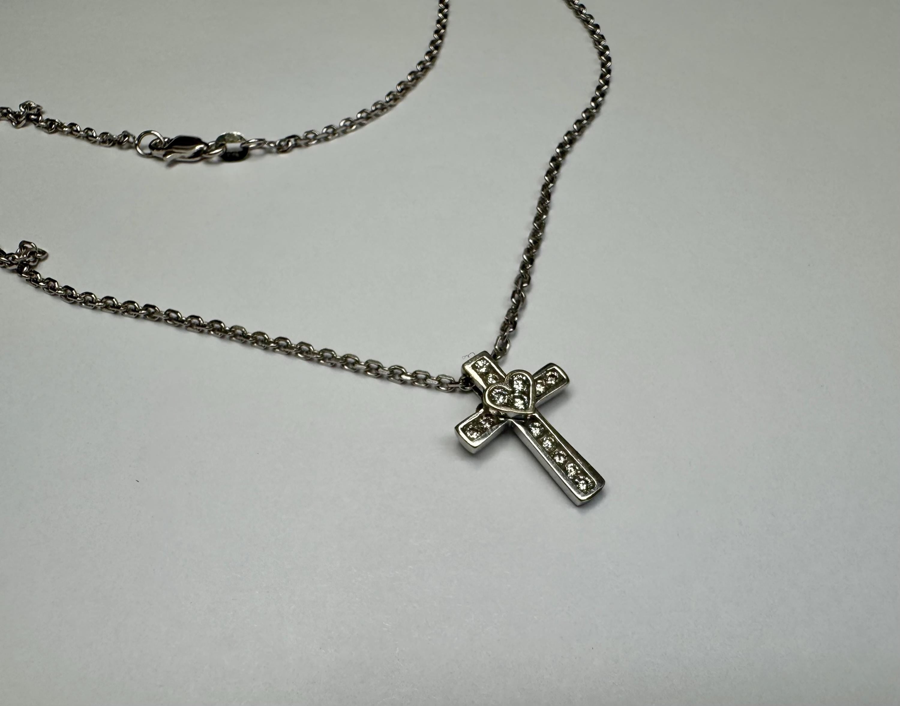 14K White Gold Diamond Cross Pendant Necklace, 16" Chain