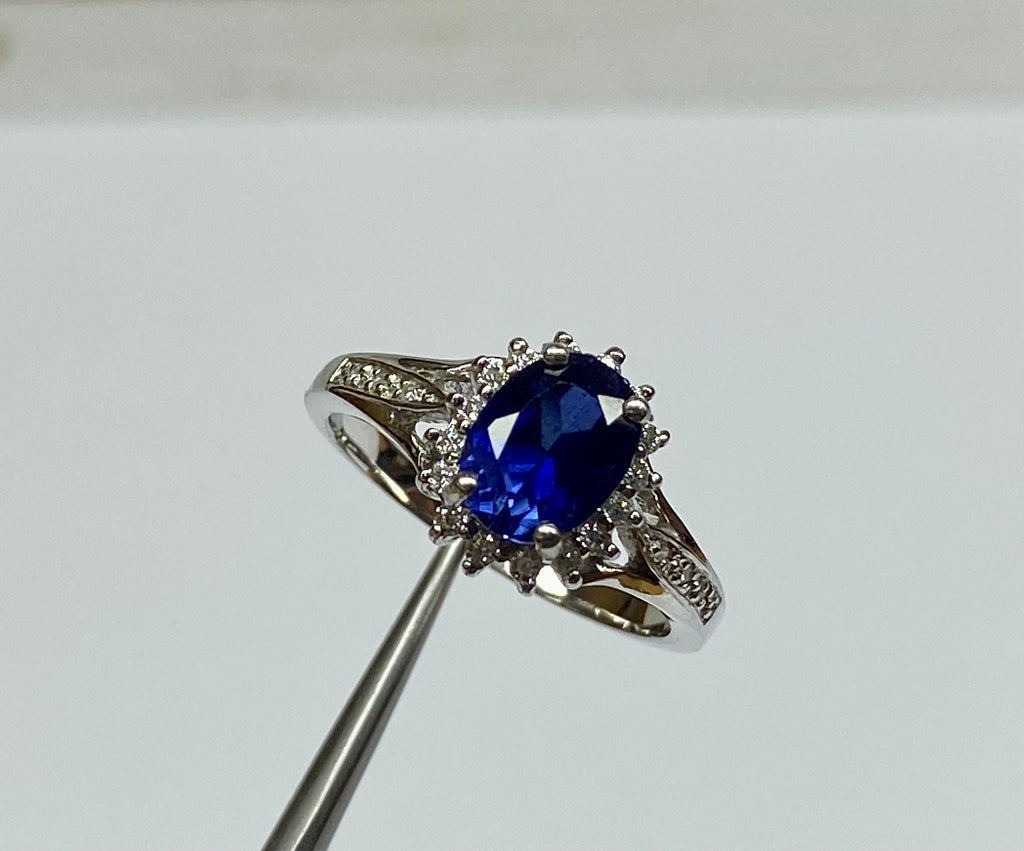 18K White Solid Gold With Natural  Oval Cut Ceylon Sapphire &  Diamond Ring!!!!