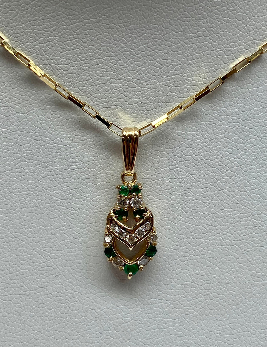 14k Yellow Gold Diamond & Emerald Double Heart Pendant