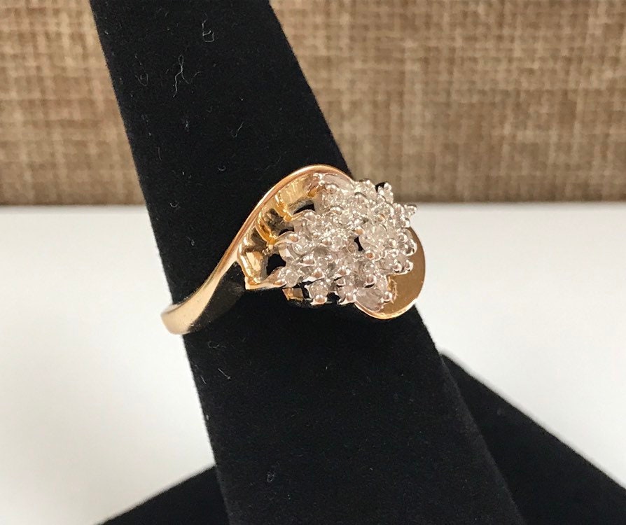 14K Yellow Solid Gold Diamond Cluster Women's Ring!!!