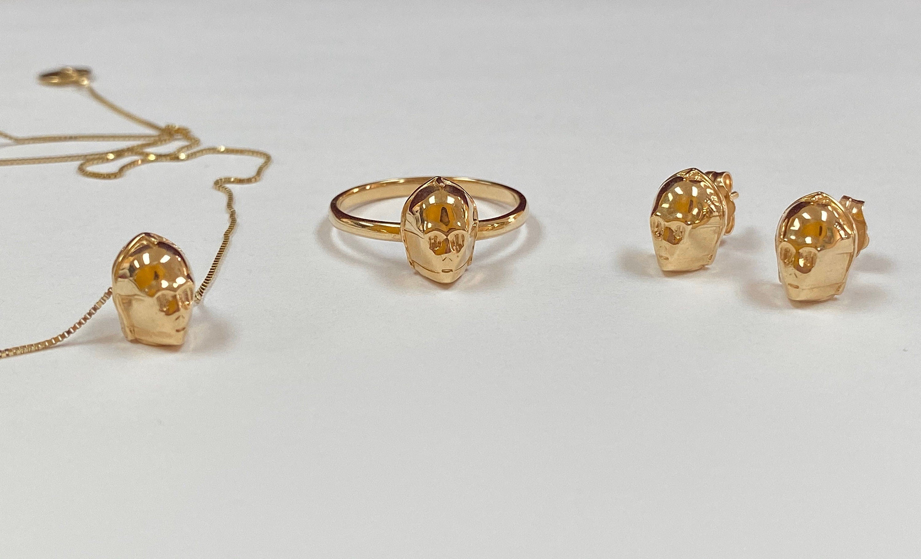 10K Yellow Gold C-3P0 Star Wars Set, Necklace, Earring, Ring