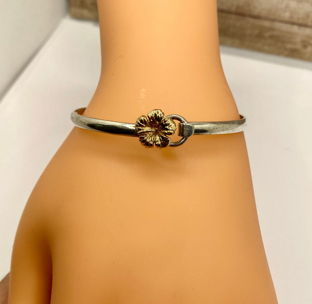 14K Yellow Gold Flower And 925 Sterling Silver CBC Caribbean Bracelet Co. Bangle Bracelet