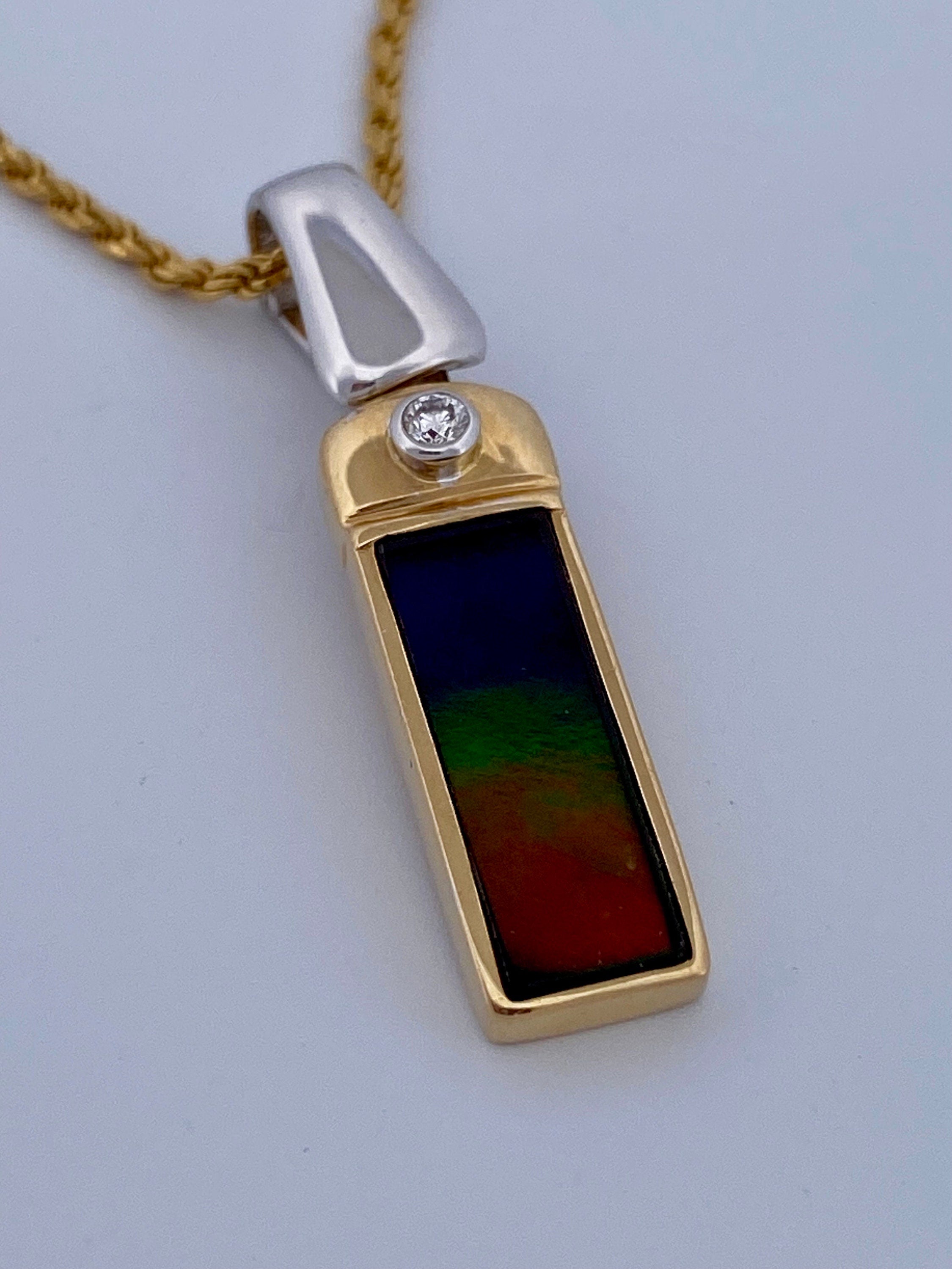 18K Gold Ammolite & Diamond Pendant Necklace - Two Tone, 30" Rope Chain