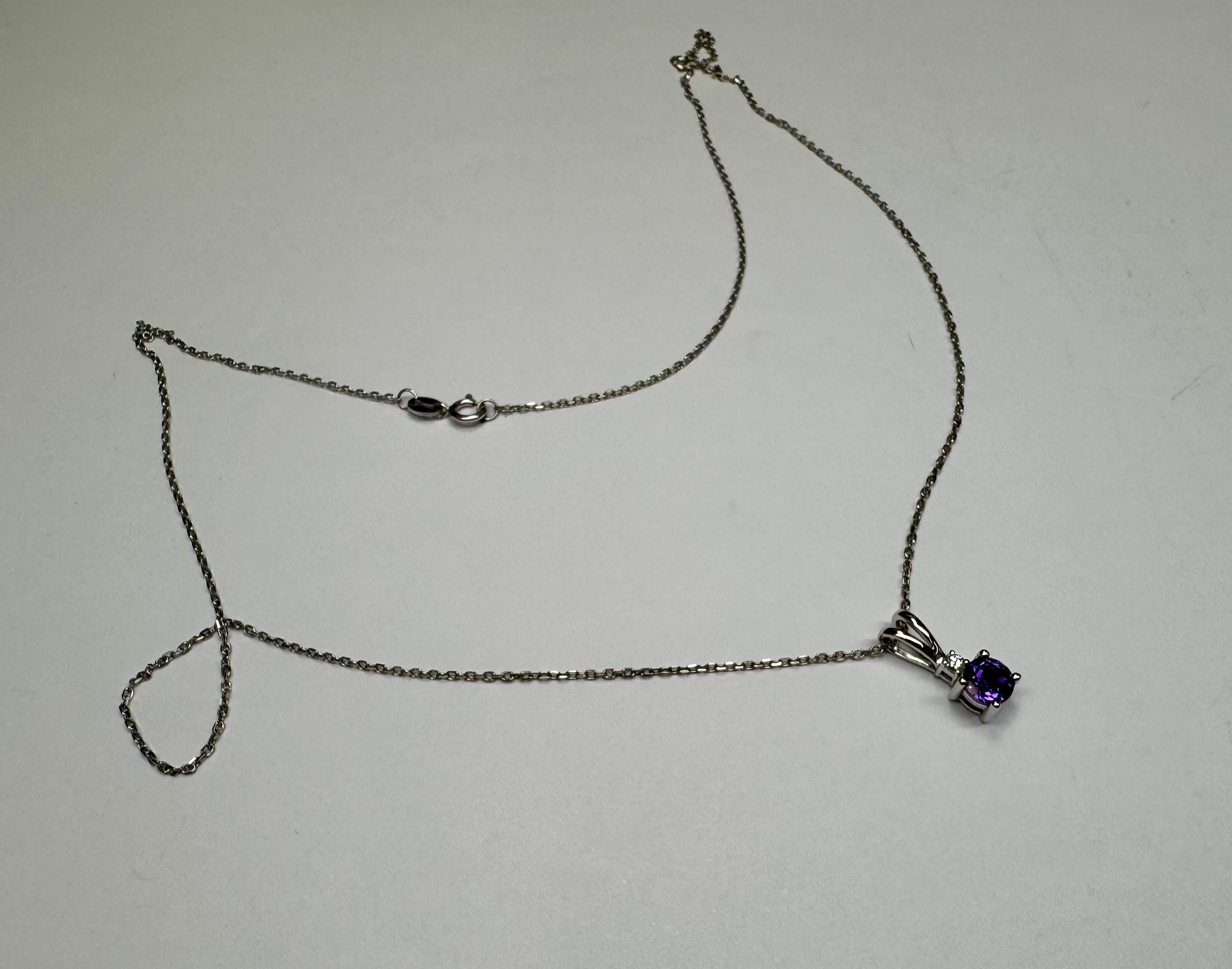 14K White Gold Amethyst Diamond Pendant Necklace