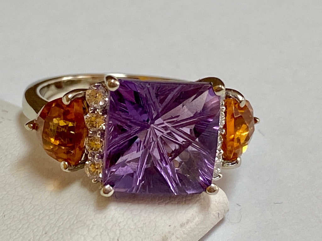 14K White Gold Amethyst Citrine Diamond Ring - Size 7
