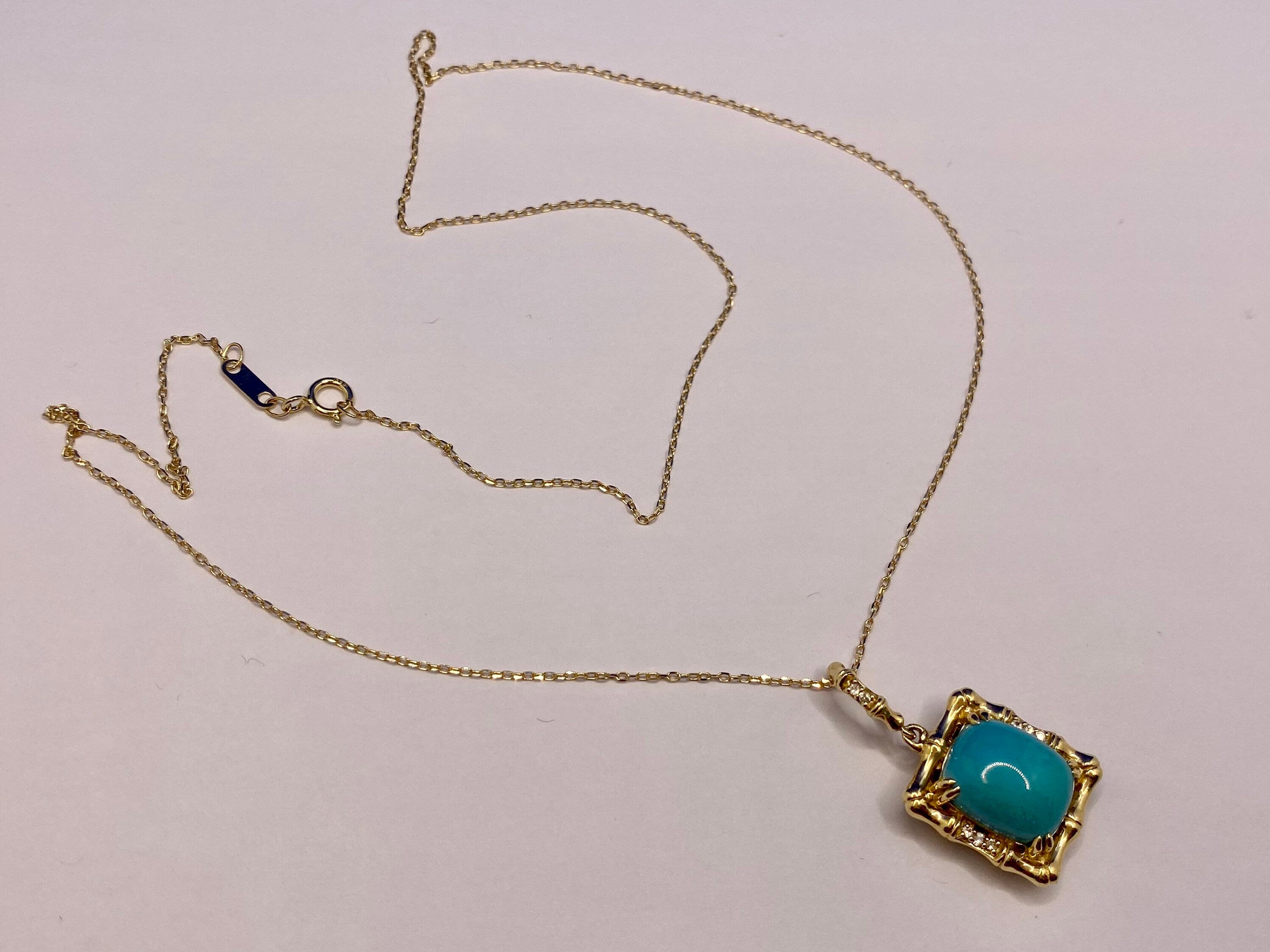 14K Yellow Gold Turquoise Pendant Necklace with Diamond Accents