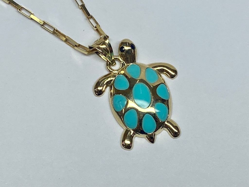 14K 585 Yellow Gold & Turquoise Color Enamel  Turtle Pendant Charm  !!!