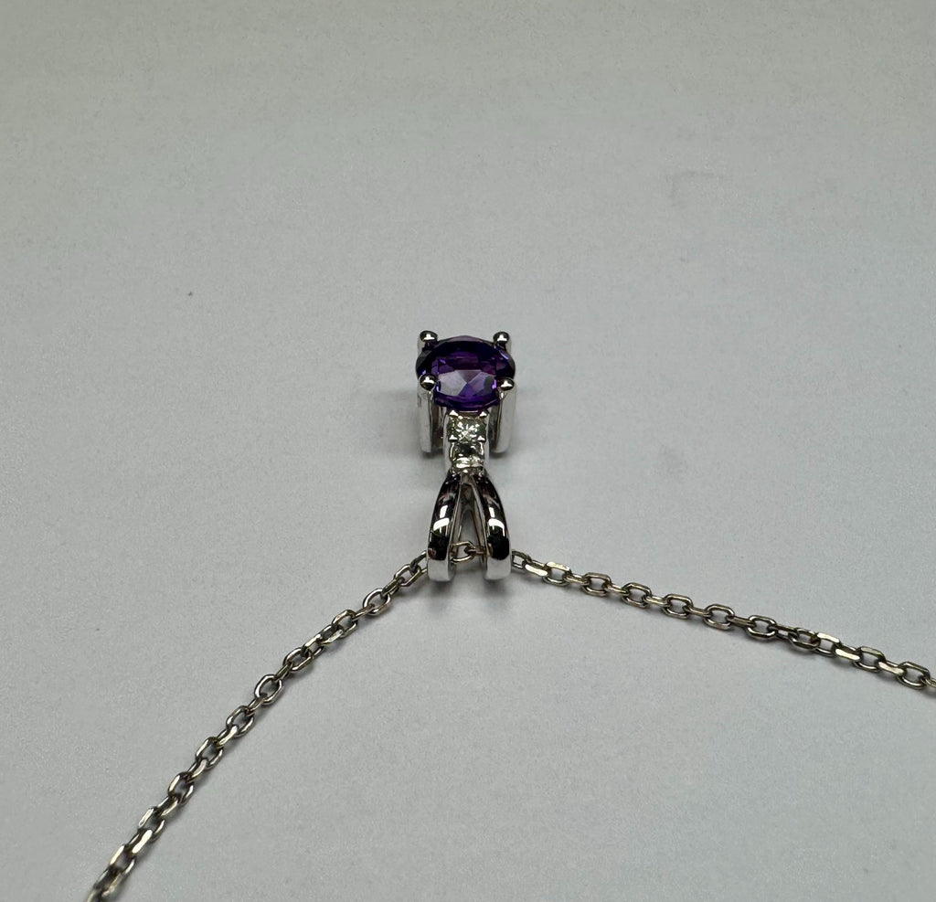 14K White Gold Amethyst Diamond Pendant Necklace