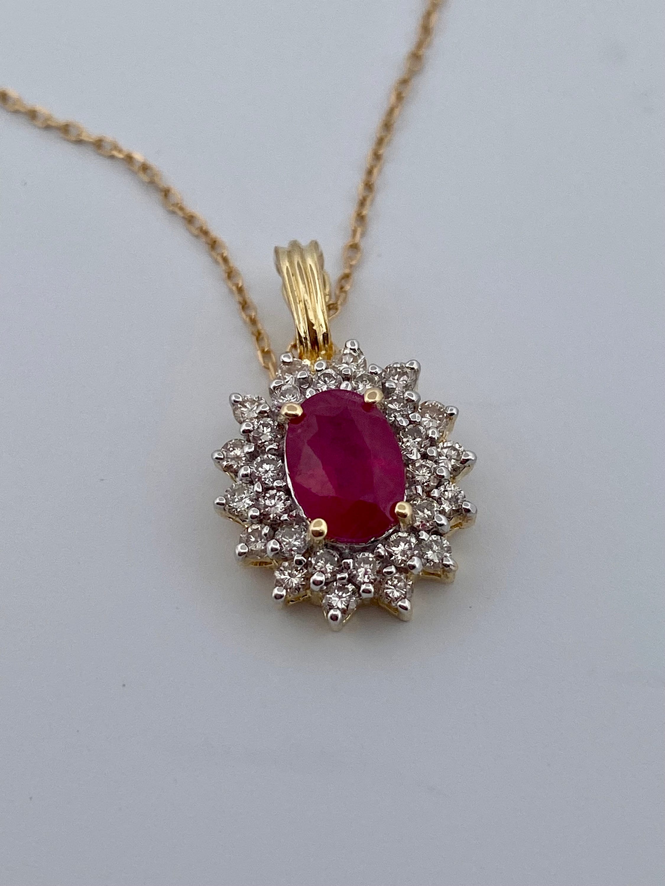 14K Yellow Gold Ruby and Diamond Halo Pendant