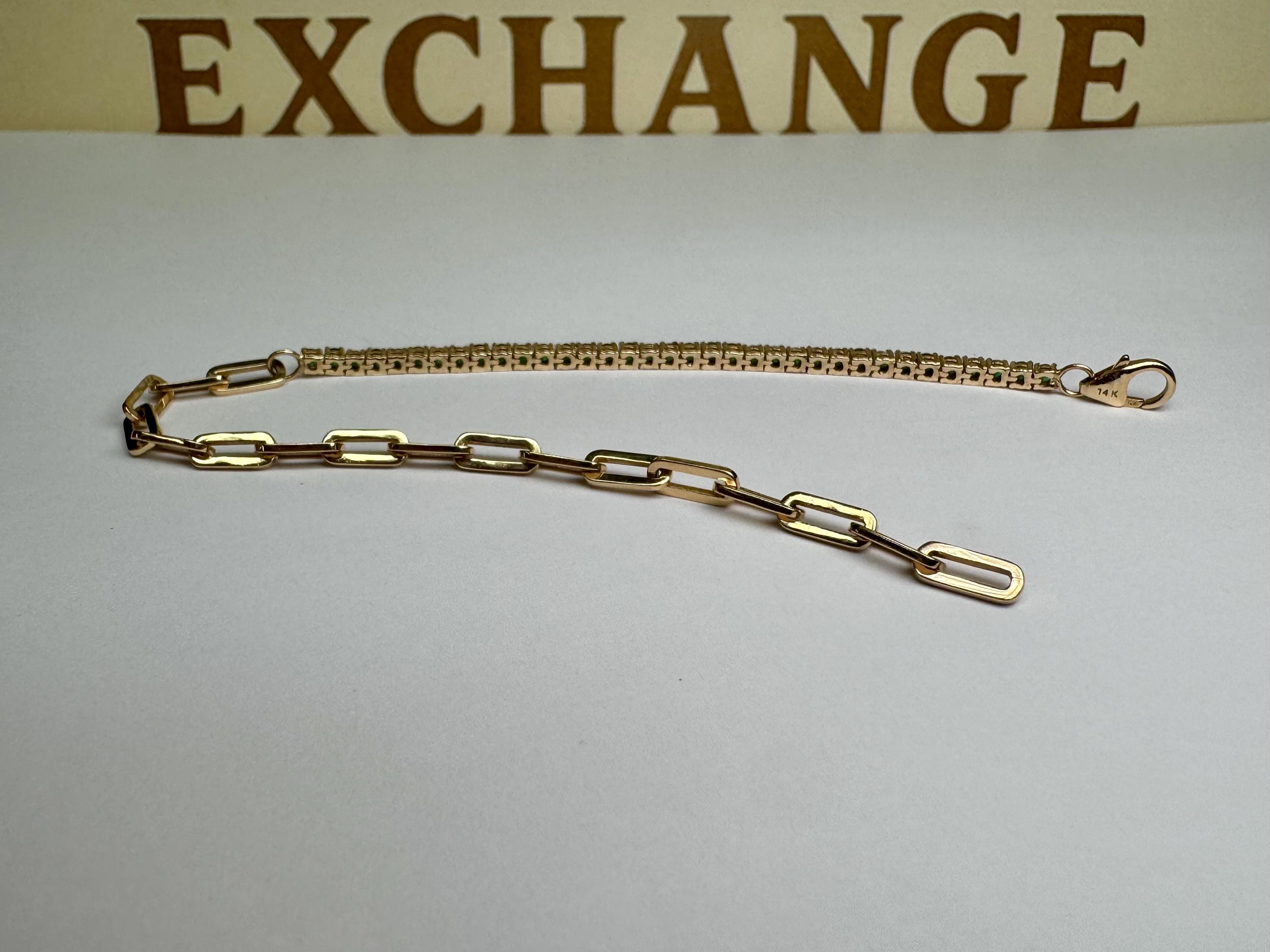 14K Yellow Gold Half Emerald And Half Paperclip Chain 7' Long  Tennis Bracelet!!