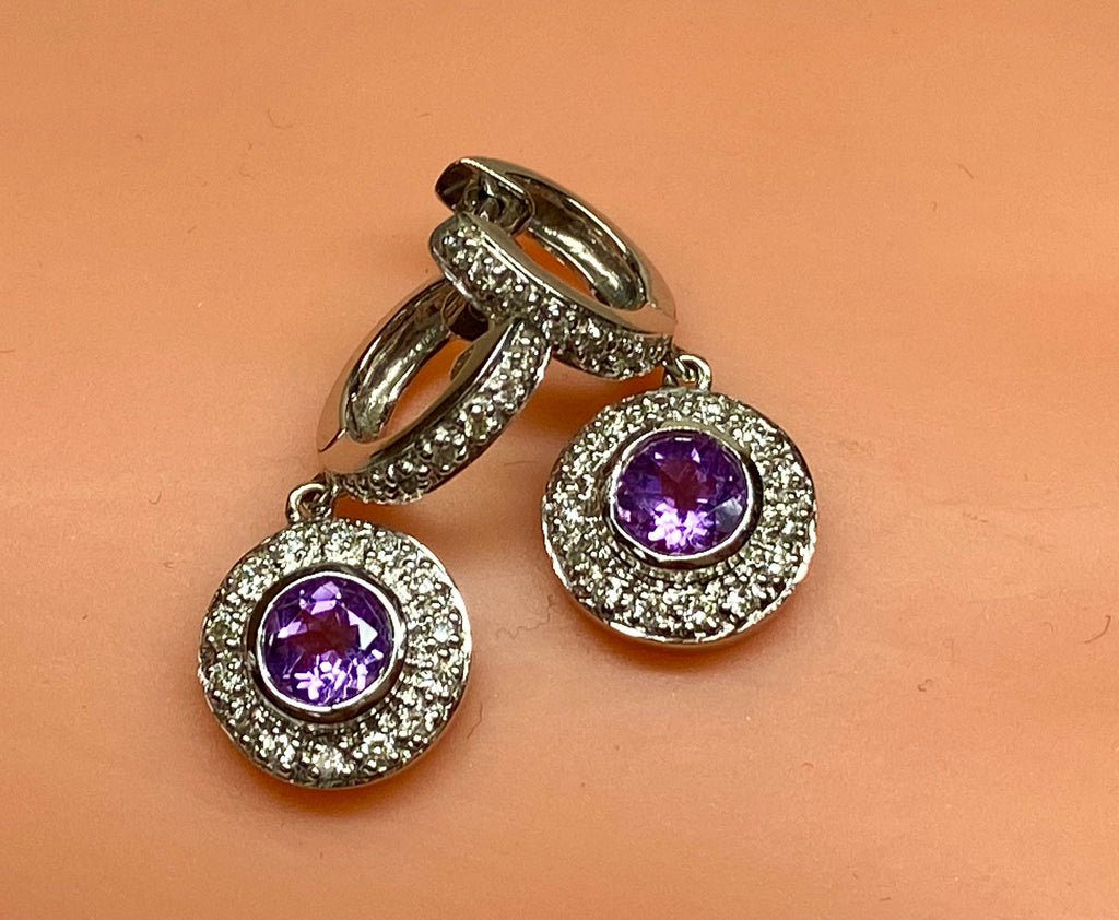 18K White Gold Diamond Amethyst Drop Earrings