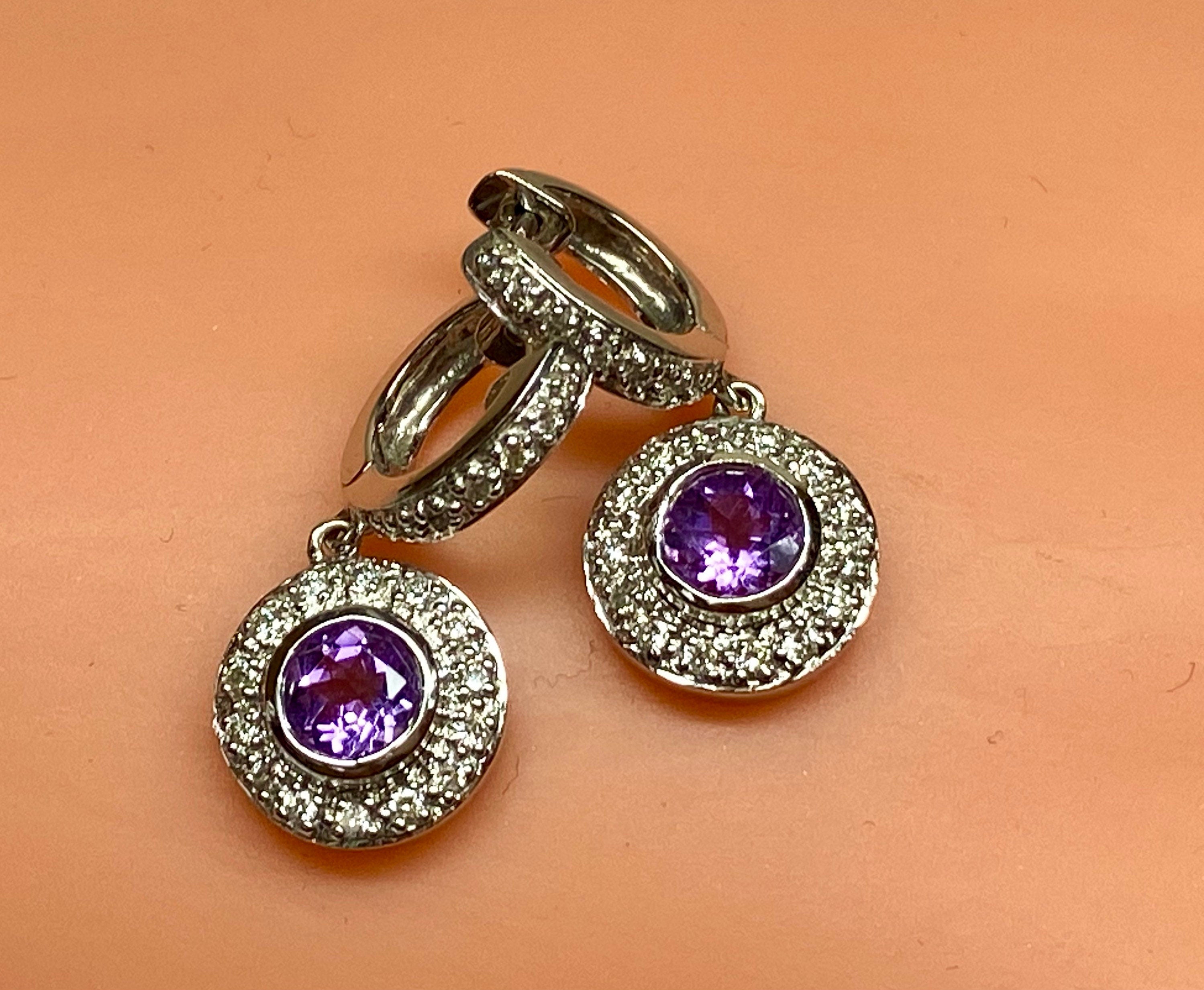 18K White Gold Diamond Amethyst Drop Earrings