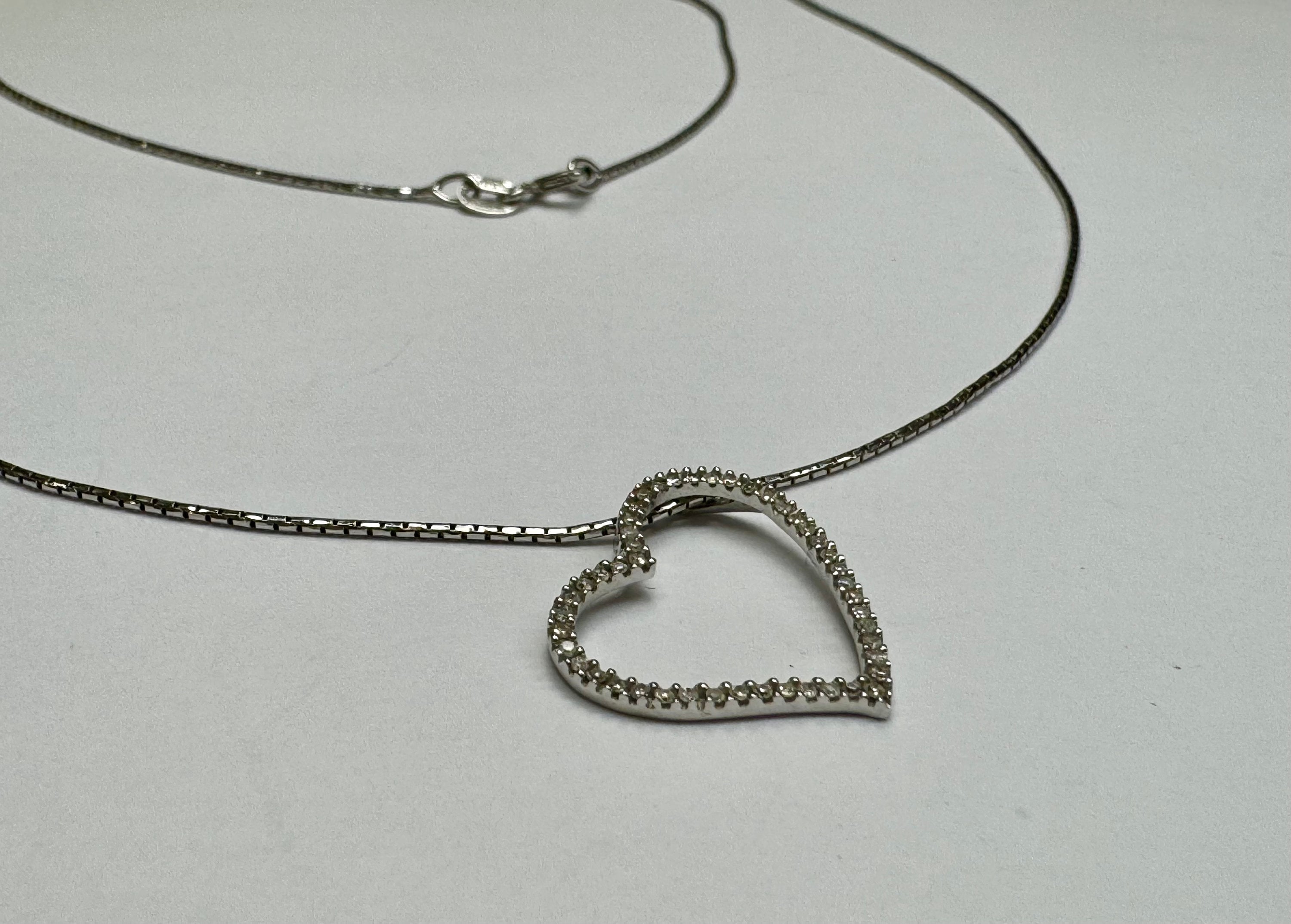 14K White Gold Diamond Open Heart Pendant Necklace - 18 Inch