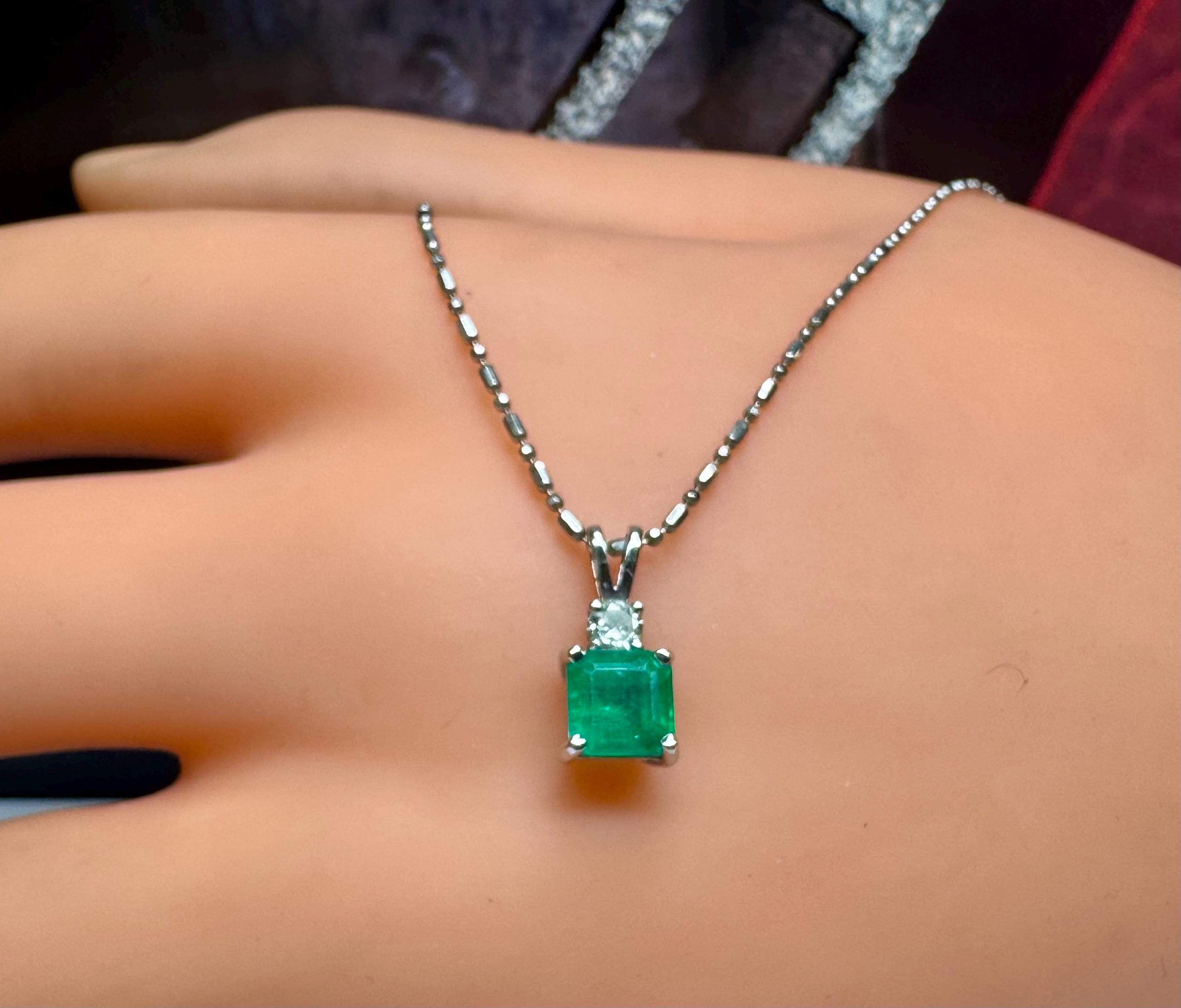 14K White Gold Emerald and Diamond Pendant Necklace