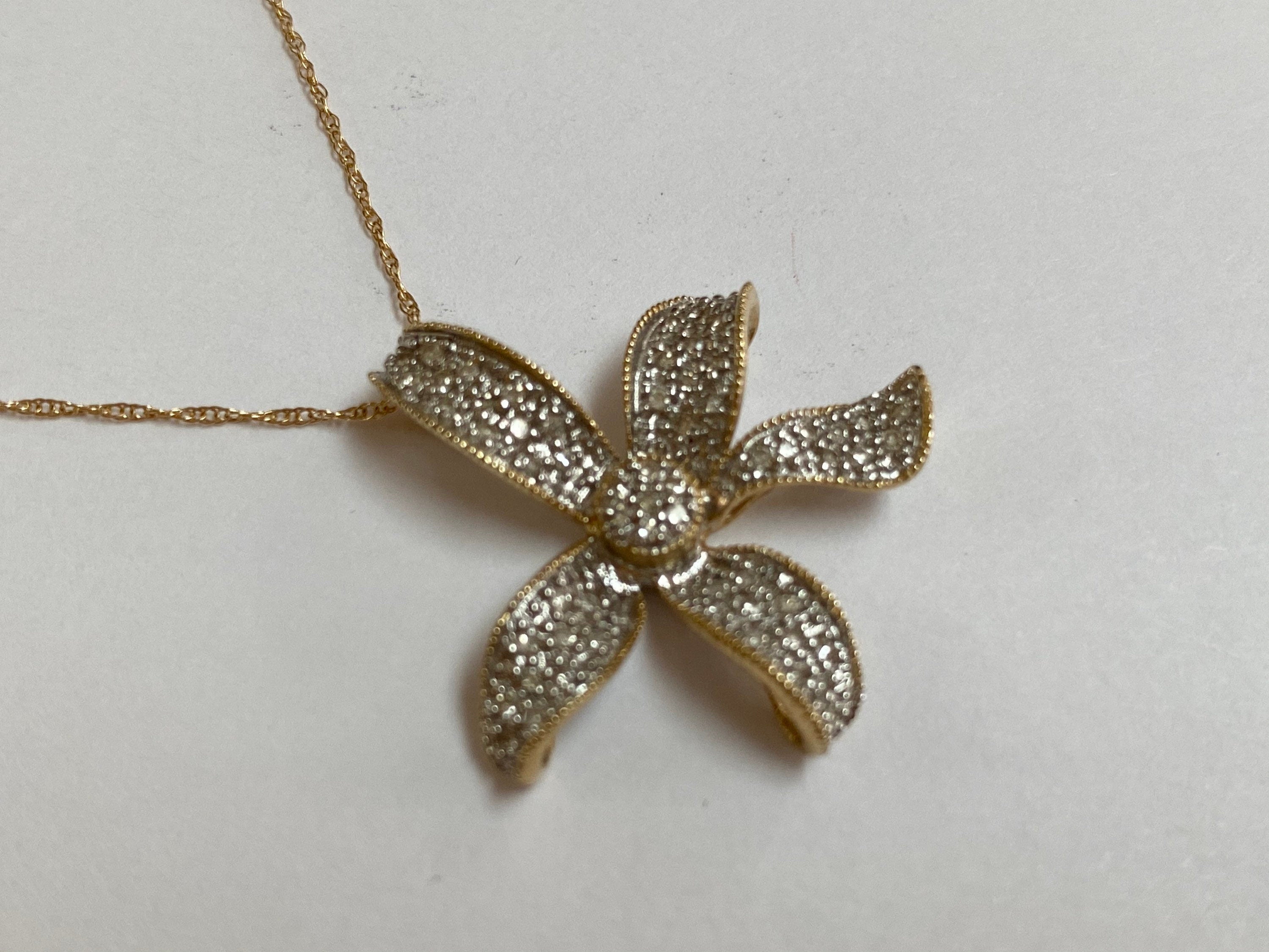 14K Yellow Solid Gold Necklace And Flower Pendant With Diamond Accents!!!!