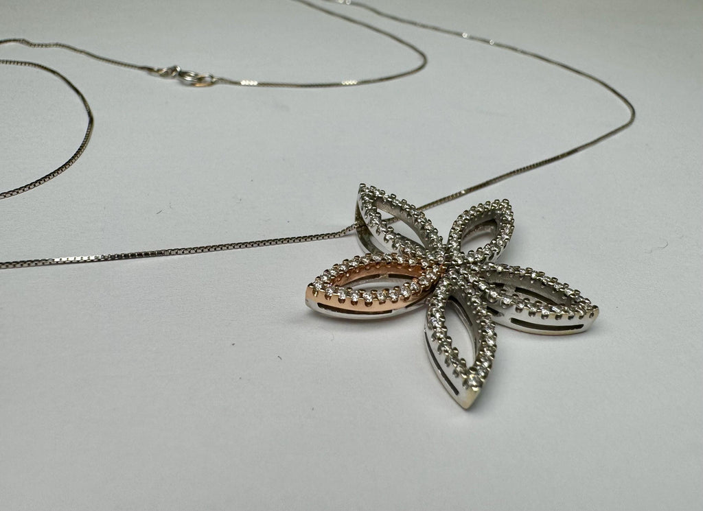14K White Gold Diamond Flower Pendant Necklace, 18" Chain