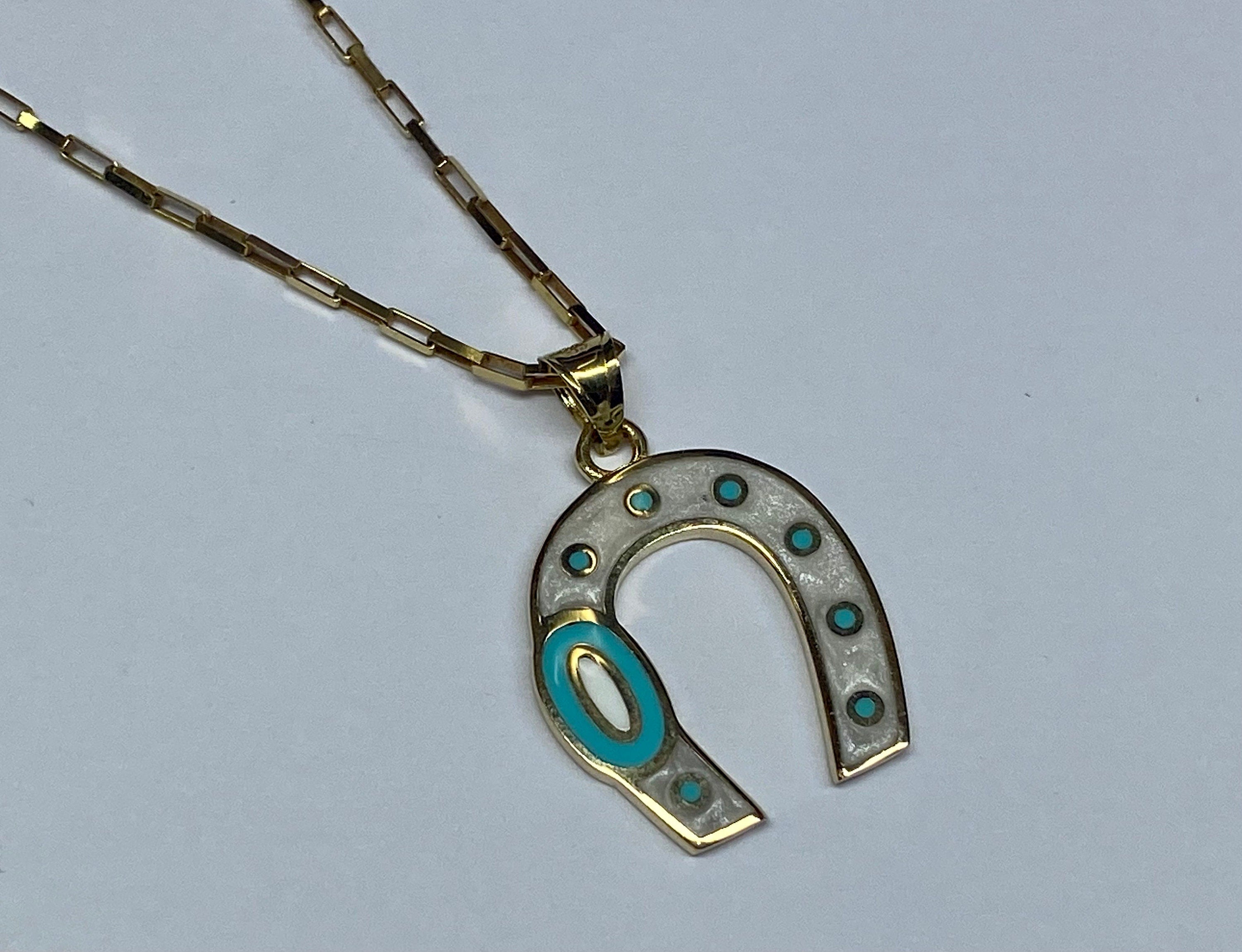 14K Yellow Gold Horseshoe Evil Eye Pendant Charm