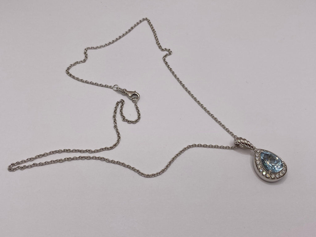 14K White Gold Necklace: Diamond & Pear Blue Topaz Pendant