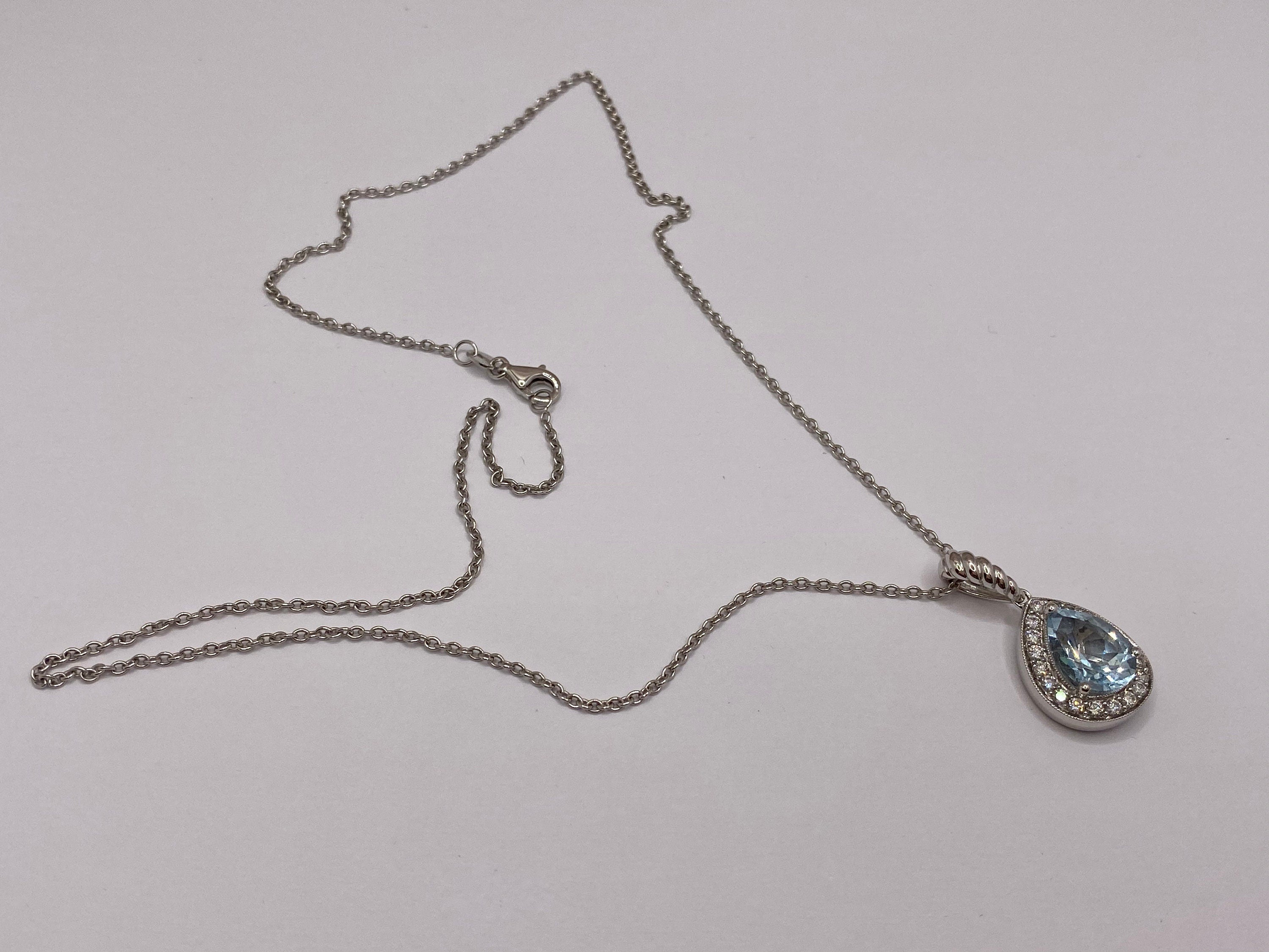 14K White Gold Necklace: Diamond & Pear Blue Topaz Pendant