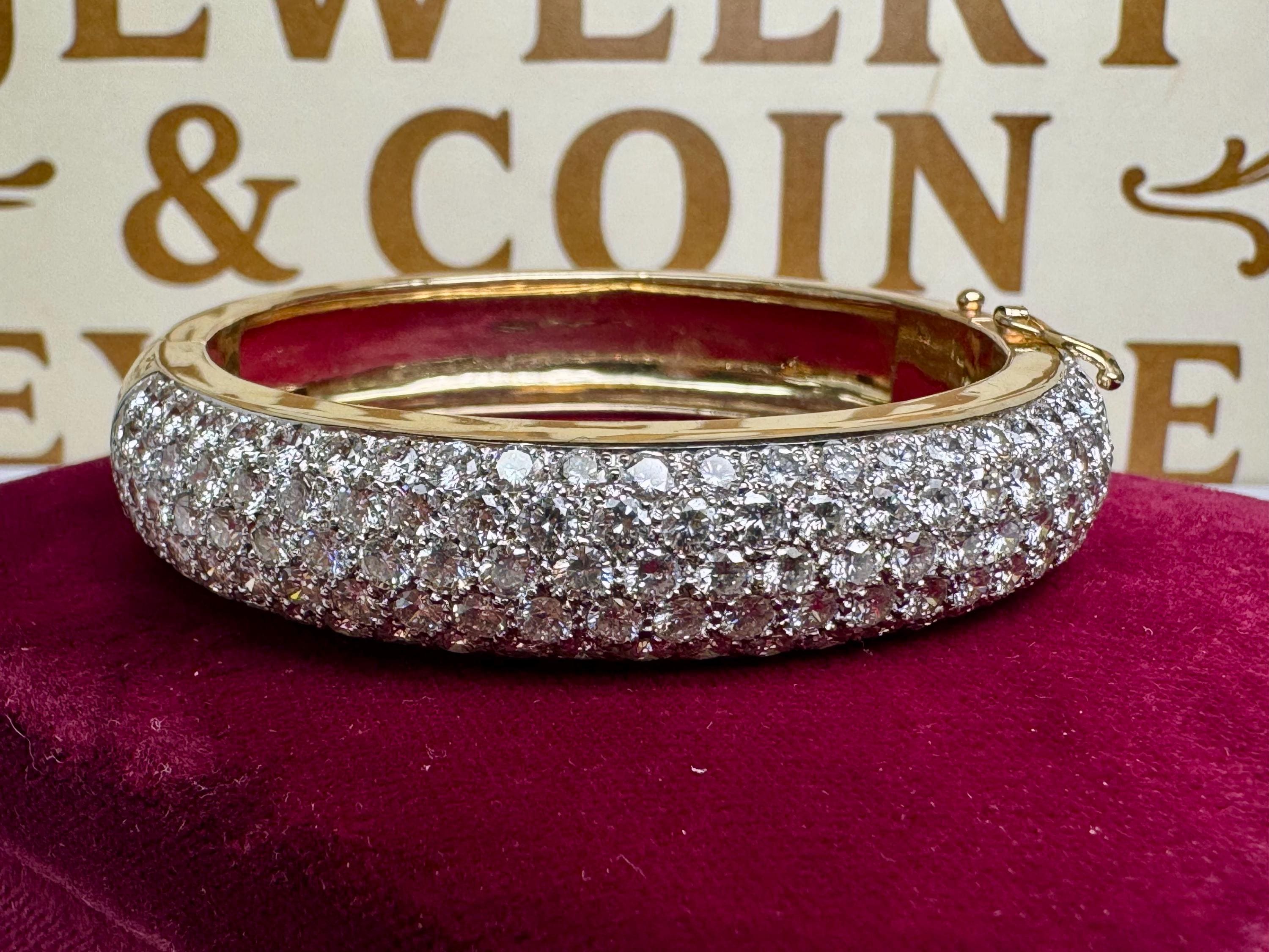 14K Yellow Gold 11.25CTW Diamond Bangle Bracelet: 5-Row Prong Set, F-G Color, VS Clarity