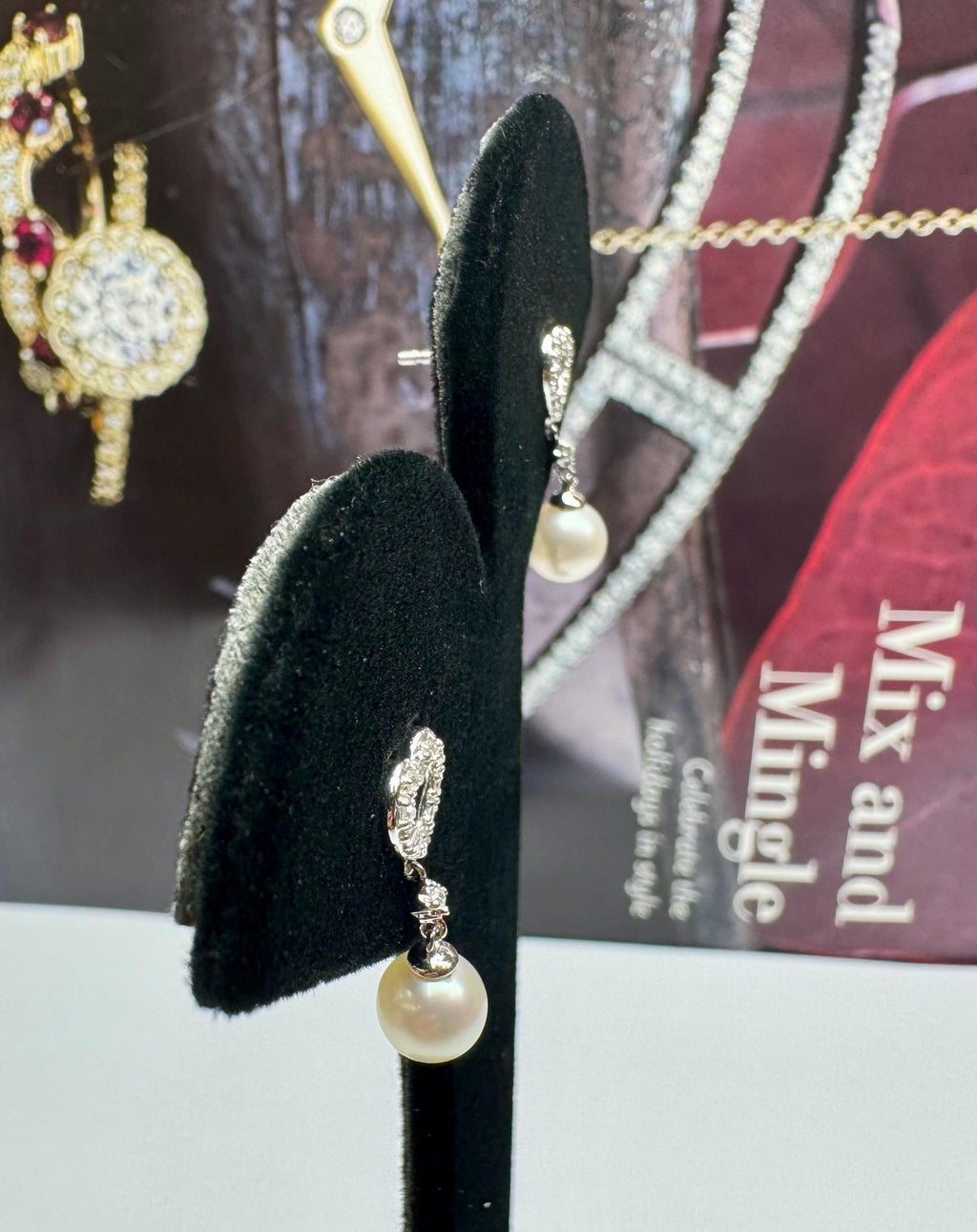 14K White Gold Heart Diamond & Pearl Drop Earrings