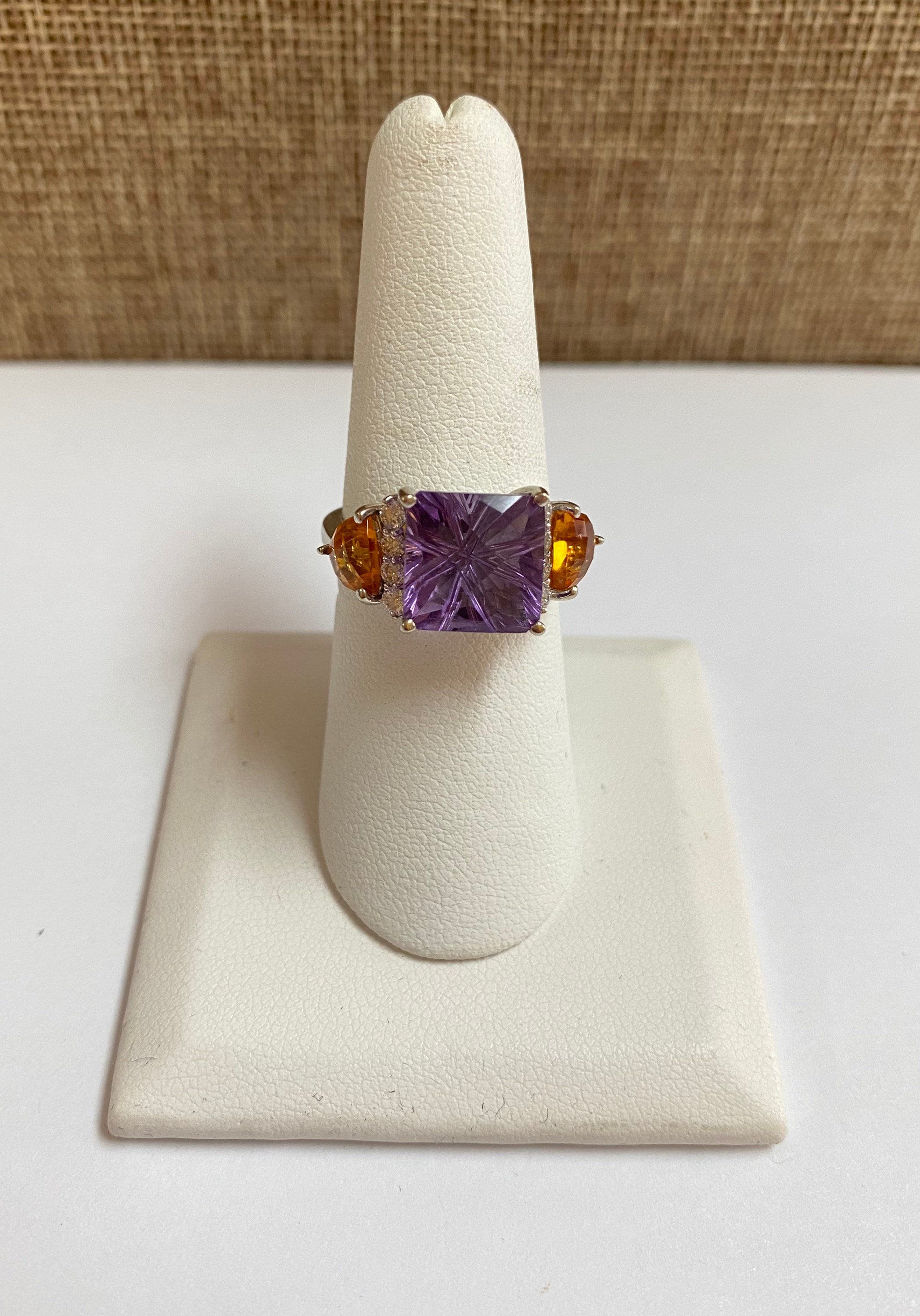14K White Gold Amethyst Citrine Diamond Ring - Size 7