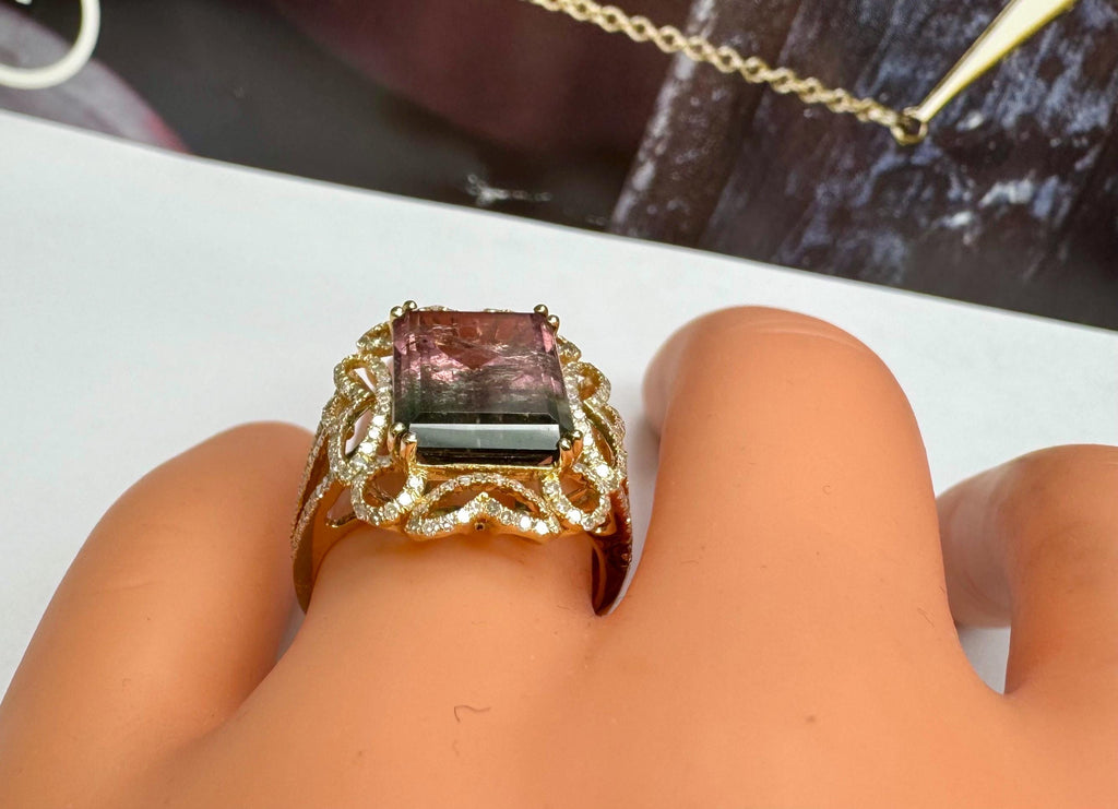 14K Yellow Gold Watermelon Tourmaline Diamond Ring, Size 7 3/4