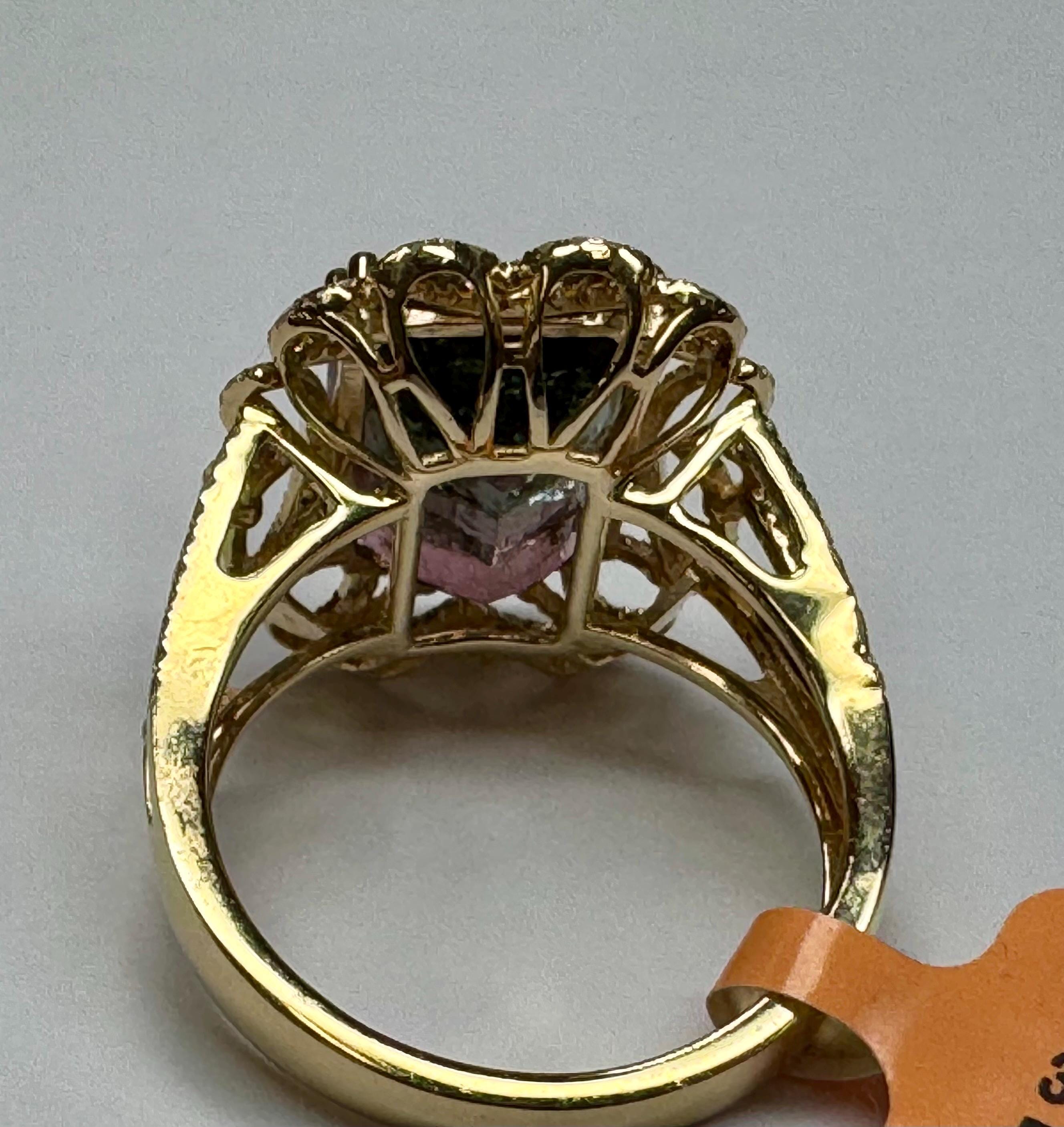14K Yellow Gold Watermelon Tourmaline Diamond Ring, Size 7 3/4