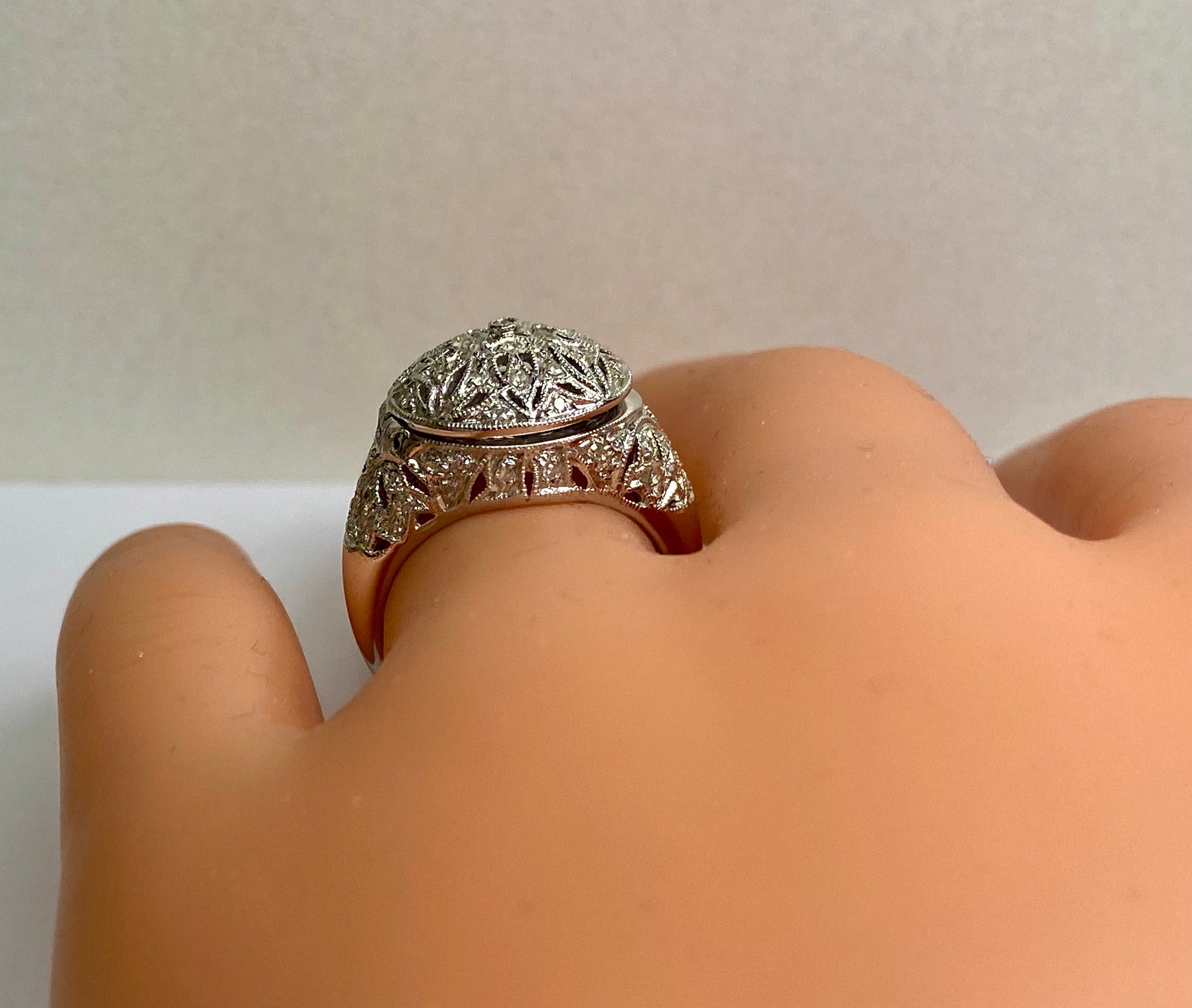 14K White Gold Diamond Filigree Dome Locket Ring - Size 7