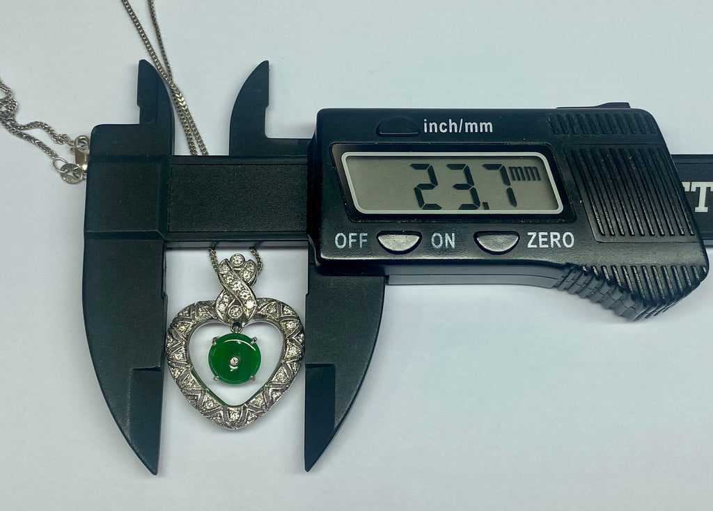 18K White Gold Diamond & Jadeite Jade Heart Pendant Necklace