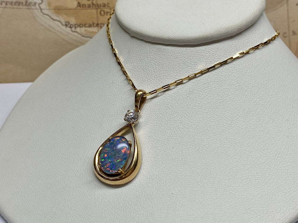14K Yellow Gold Black Fire Opal & Diamond Teardrop Pendant