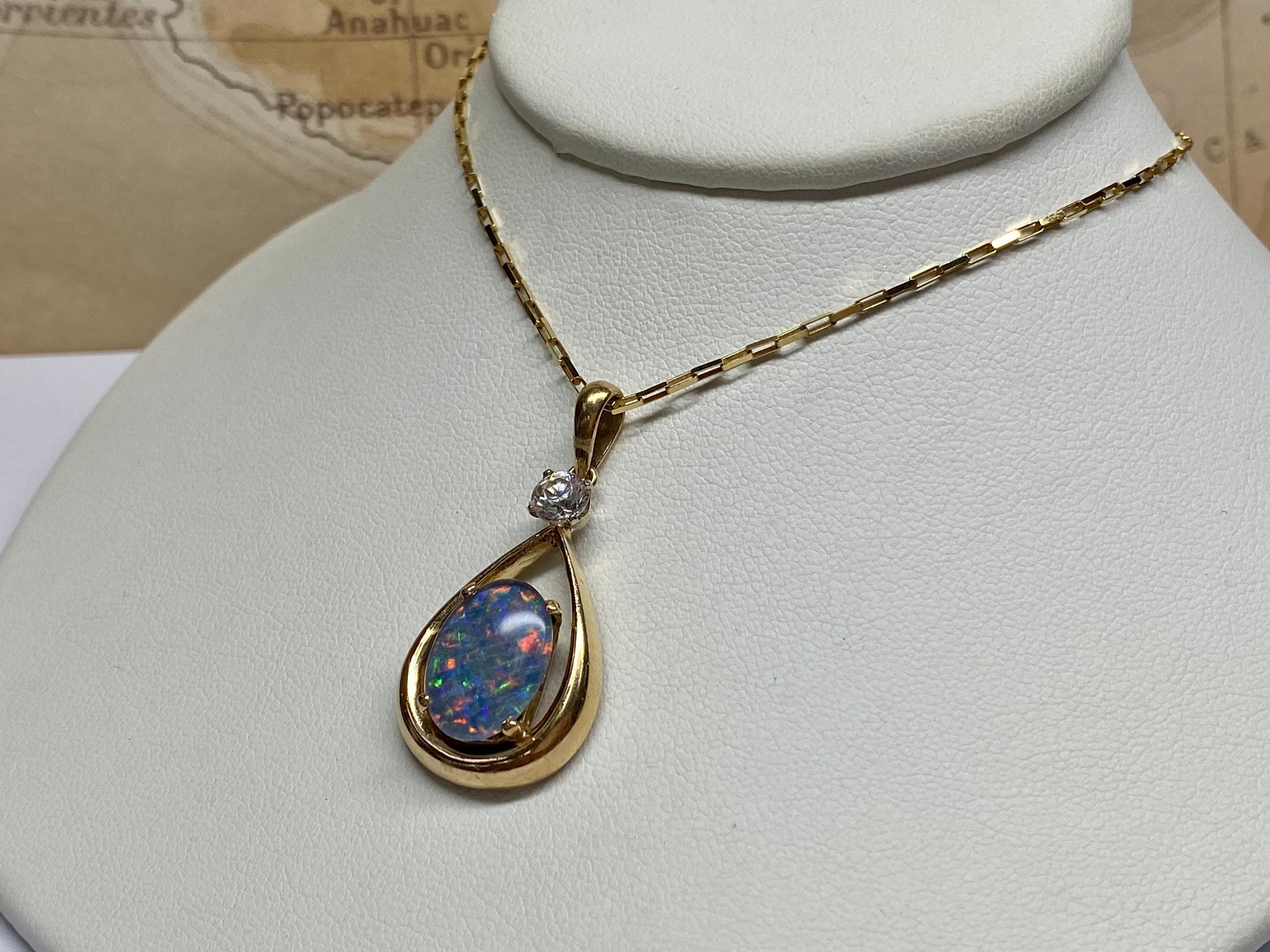 14K Yellow Gold Black Fire Opal & Diamond Teardrop Pendant