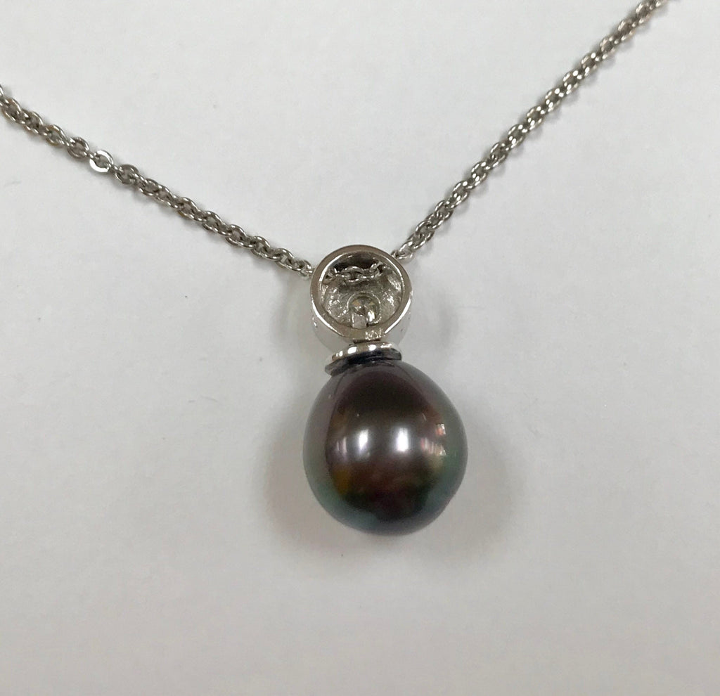 14K Solid White Gold Chain With Black Tahitian Pearl And Diamond Necklace!!!
