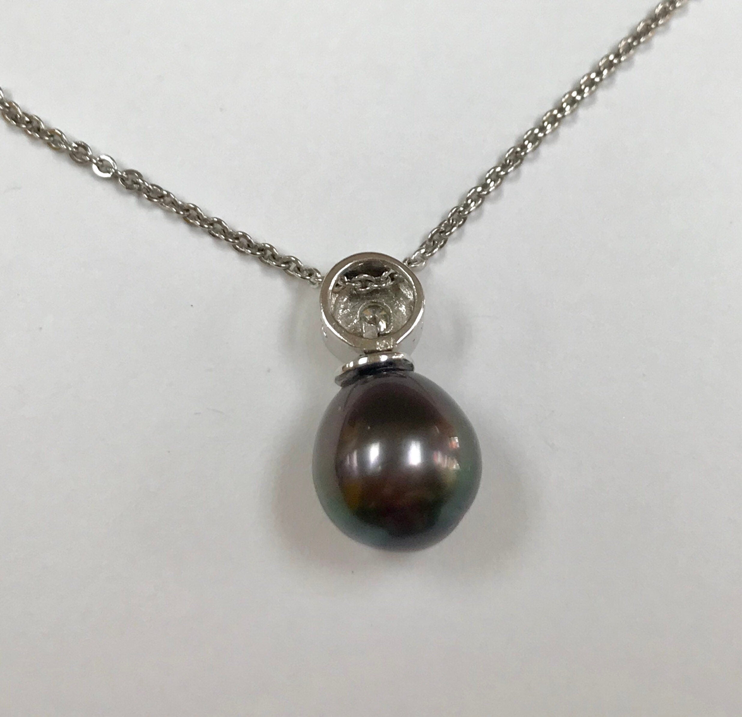 14K Solid White Gold Chain With Black Tahitian Pearl And Diamond Necklace!!!